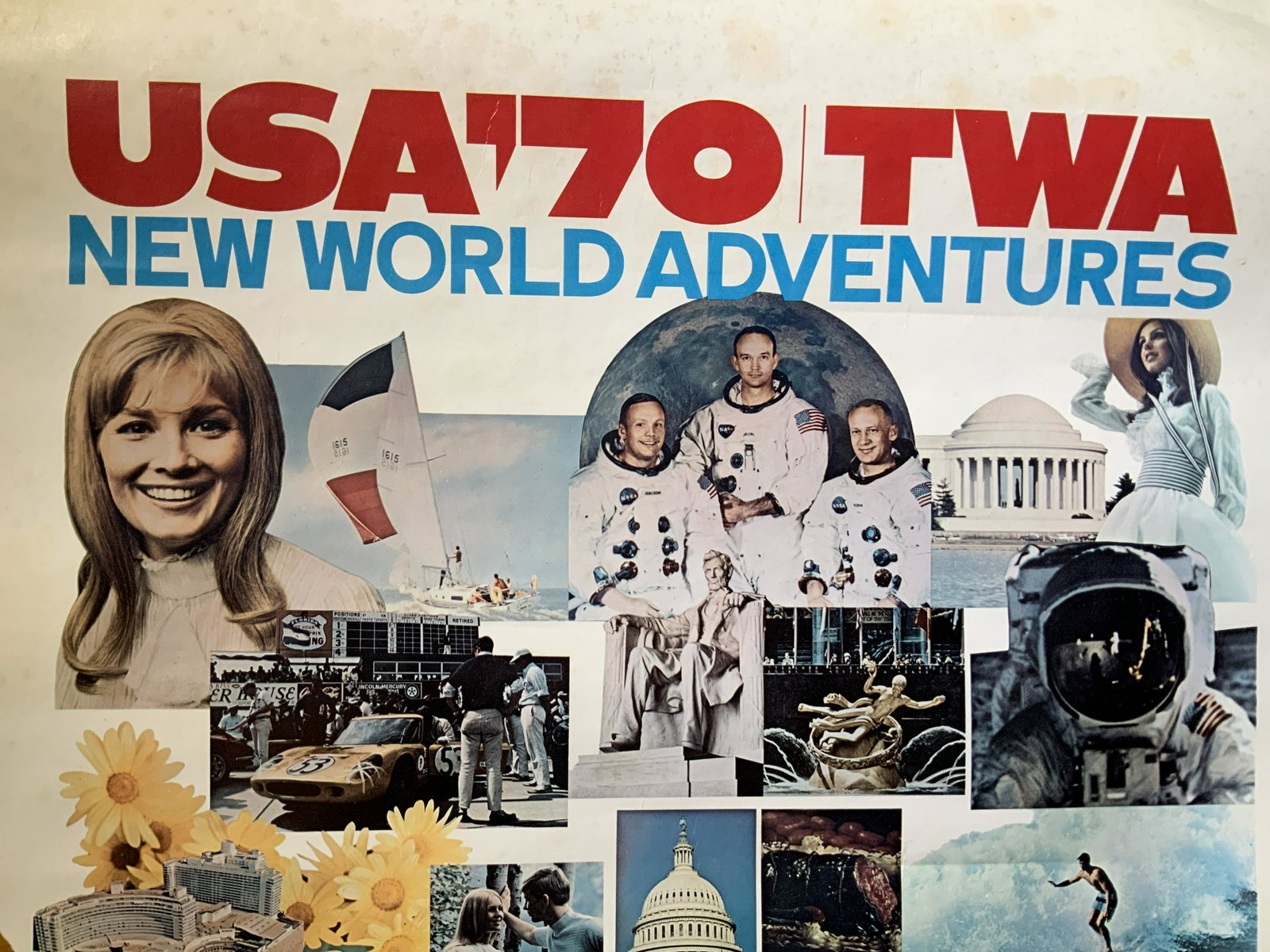 Vintage Offset Lithograph Poster TWA Ad: Vintage TWA advertisement offset lithograph poster, No apparent signatures, Text on upper portion of poster reads ‘USA ‘70 TWA New World Adventures’, An assortment of travel related imagery acco