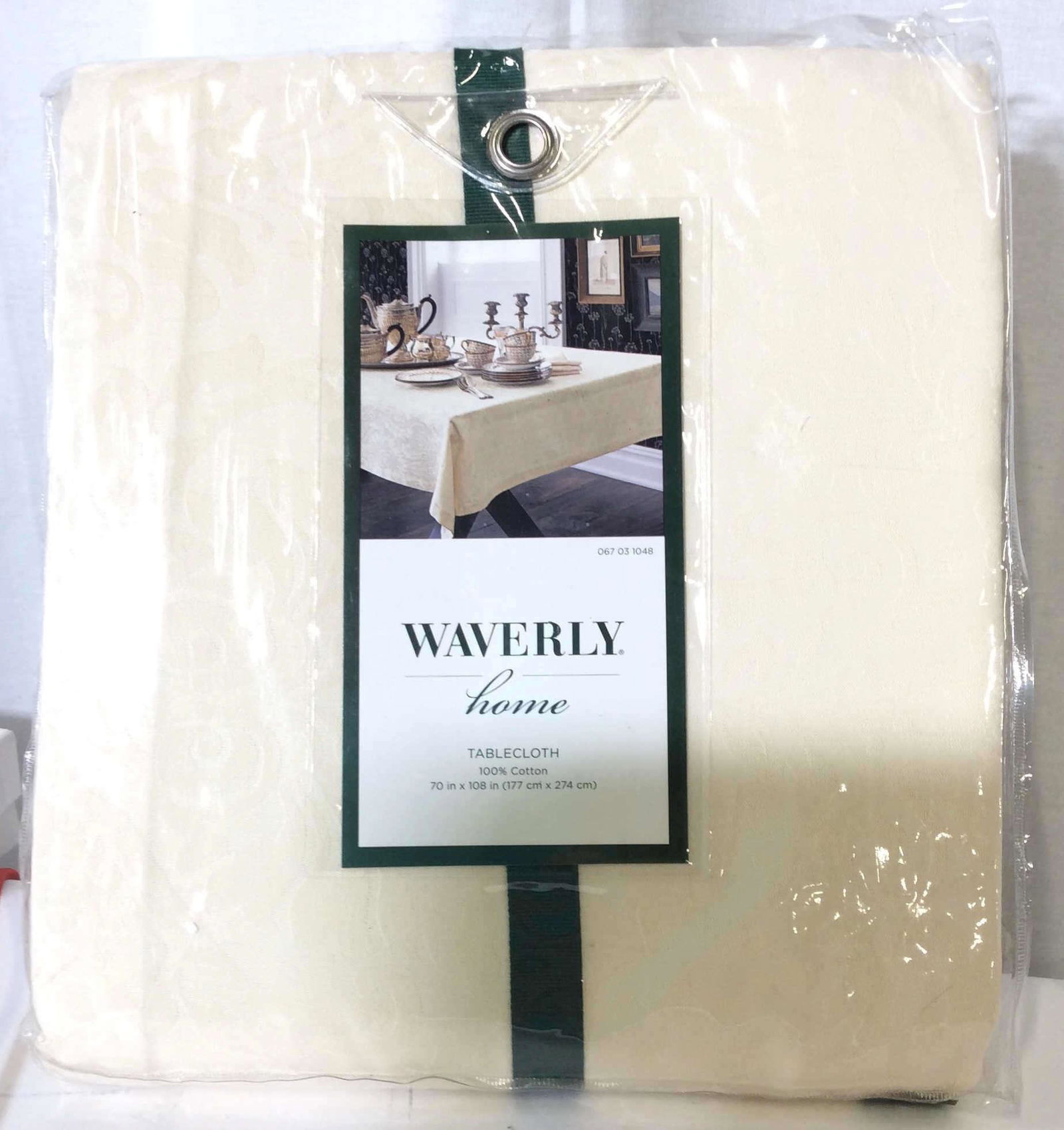 WAVERLY Home Cotton Tablecloth New in Package: Never opened, Never Used. Oblong 70 x 90 in. Cream color. Package is 10.5 x 11 in. label reads Waverly Home 100% Cotton, table cloth reads 70 in by 108 in. Dining Tablecloth, Oval Tablecloth, Waverly 