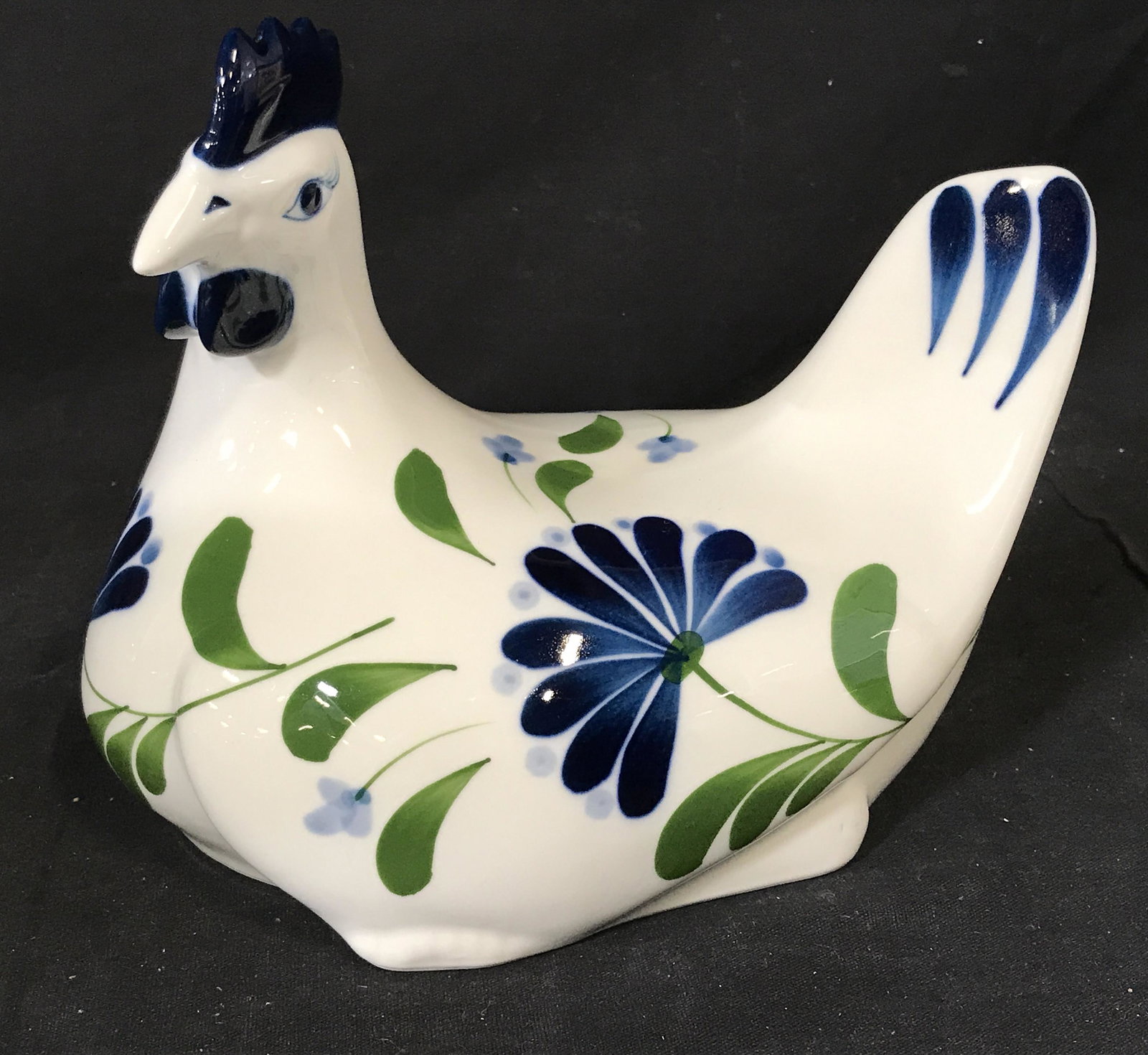 Dansk Porcelain Hen Figurine: Dansk Porcelain Hen, stamp to bottom reads ‘Dansk International Designs Ltd NR/Philippines’, hollow formed, subject a hen with blue and green floral designs to the surface, measures 8 inches wides