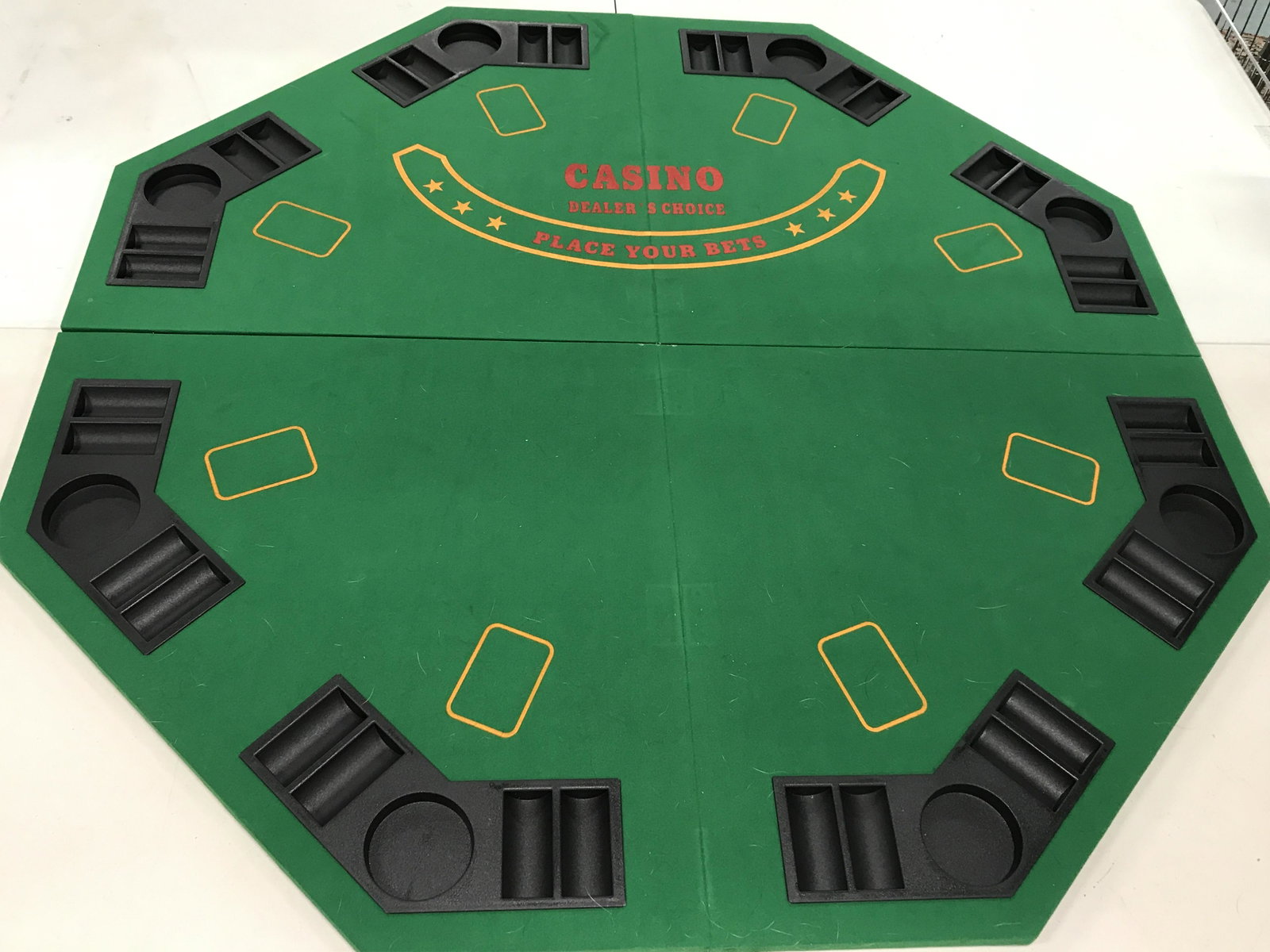 Collapsible Card Game Table Top: Card game table top. Top is collapsible, can host up to eight players. Measures approx 47.5 inches W, and 47.5 inches long, expanded. Piece is possibly vintage. Wear is consistent with age and use. Co