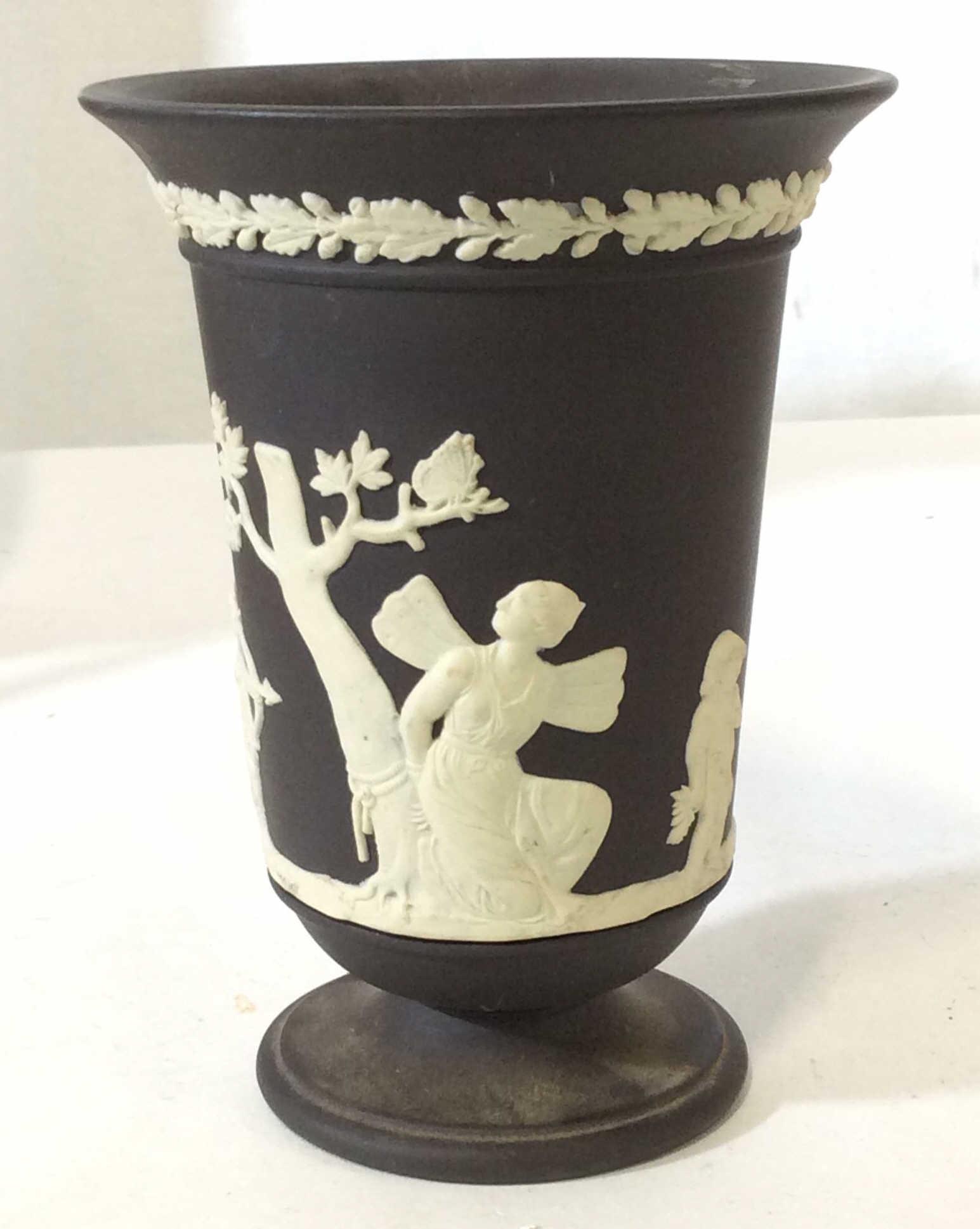 Black Jasper Ware Vase, Harrods Store, England: 5 1/4 in. Ht, 3 7/8 in. Diameter. Verso impressed with MADE IN ENGLAND. Original Harrods Sticker. Possibly Wedgwood. Pottery, Ceramics, Jasperware, Black, Vase, Decorative Accessories, Tabletop Displa