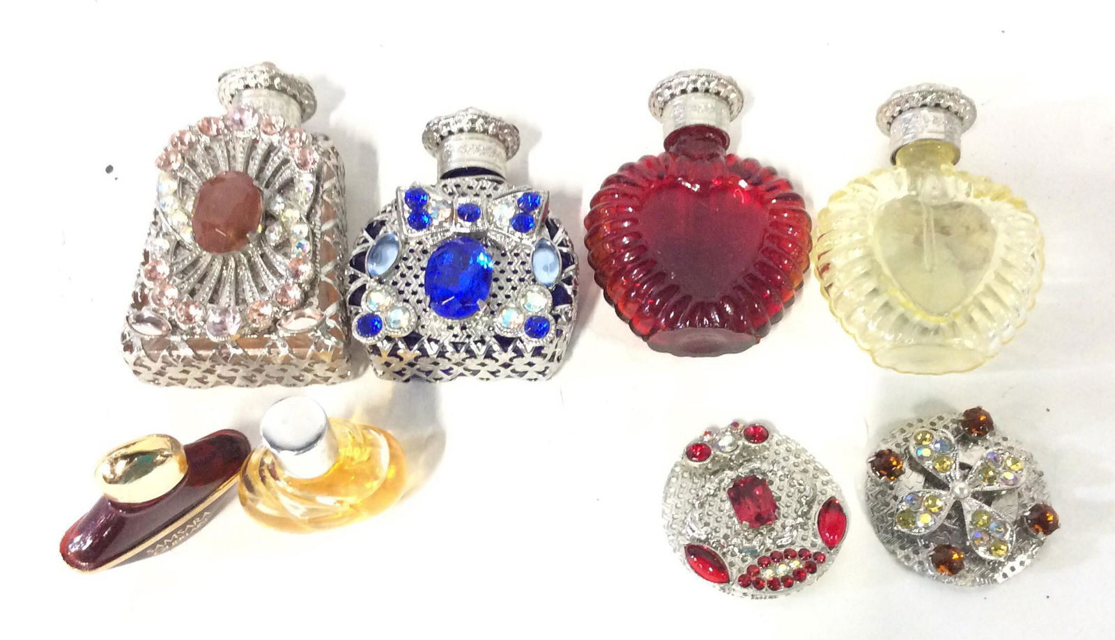 Cut Glass Tazza with Vtg Perfume & Boho Bottles: Pedestal Tazza, 5.5 in. Ht, diameter 5.5 in. Includes sample perfumes CHLOE & Samsara Guerlain ( 3/4 full). Lot 4 Bohemian Glass Perfume Bottles, Decorative with rhinestone plates. Hand made vintage f