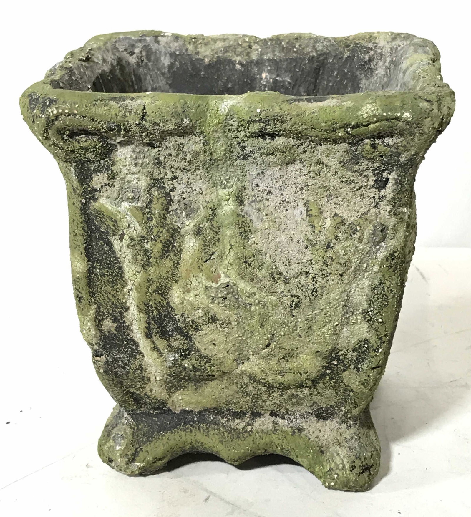 Vintage Garden Planter: Vintage garden planter, possibly clay. Measures approx 6 inches H, and 6 inches W. Wear is consistent with age and exposure. Garden planter, flower pot, lawn ornament, garden ornament, vessel, vase, g