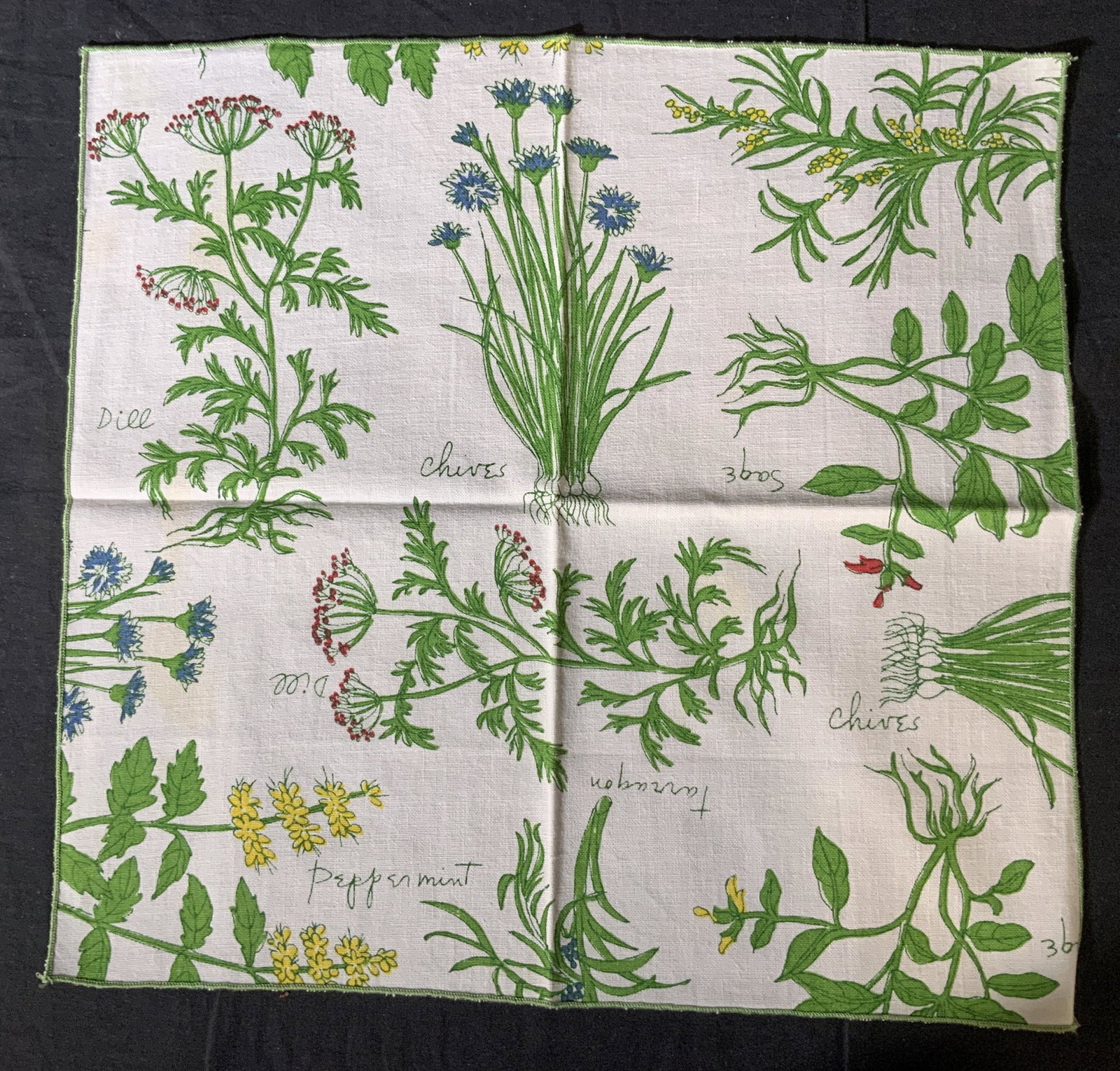 Set Botanical Herb Linen Dinner Napkins: Herb linen dinner napkins with prints of various herbs, inscriptions read ‘sage, tarragon, peppermint, chives, dill ’, set of four, like new, all measure 15 3/4 inches x 16 3/8 inches, Set, Dinner