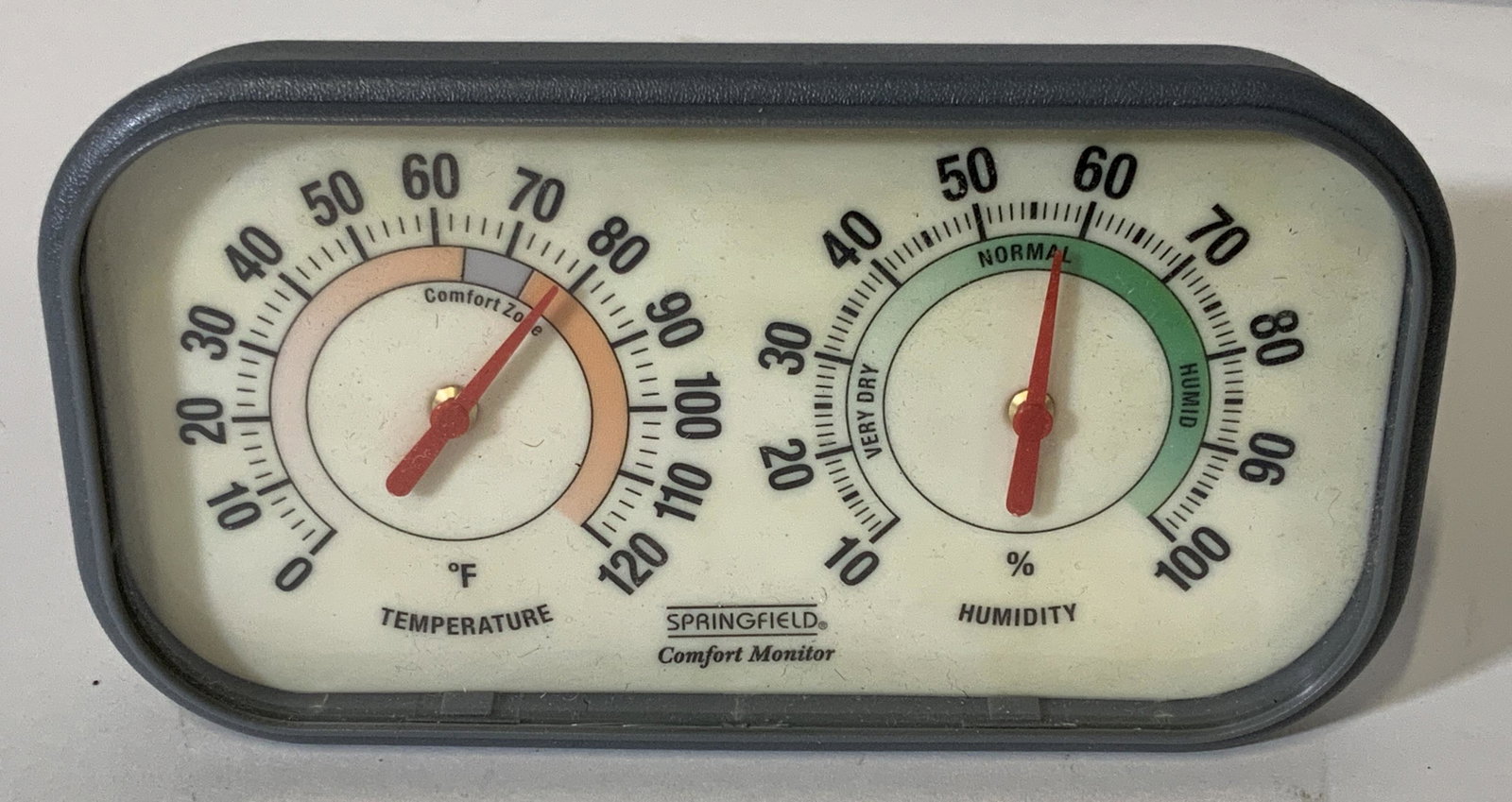 SPRINGFIELD Comfort Monitor: SPRINGFIELD COMFORT MONITOR, possibly vintage. Measures temperature and humidity. Measures approx 6 inches W, and 3 inches H. Wear is consistent with age. Weather tool, thermometer, measuring tool, we