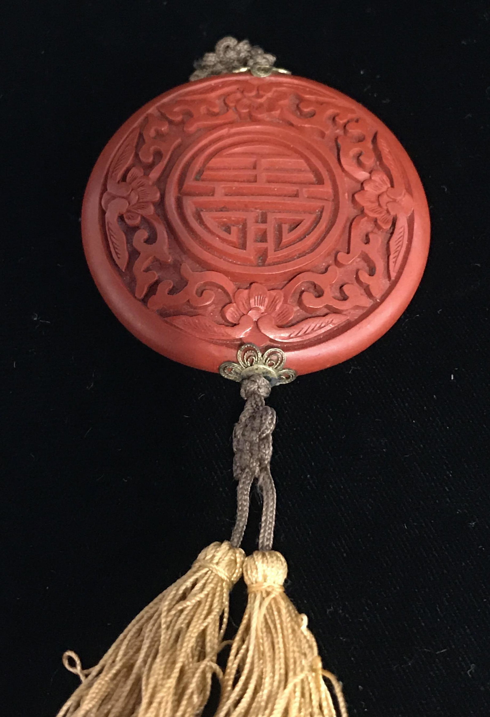 Asian Cinnabar & Tassel Talisman Necklace: Necklace. 8 in long. Cinnabar diameter app 2 in. Possibly vintage. Chinese decorative Arts, Chinese Cinnabar Ornament, Orientalia, Leiwen , Asian Decorative Home Decor, Ket Ring Decor, Asian Talisman,