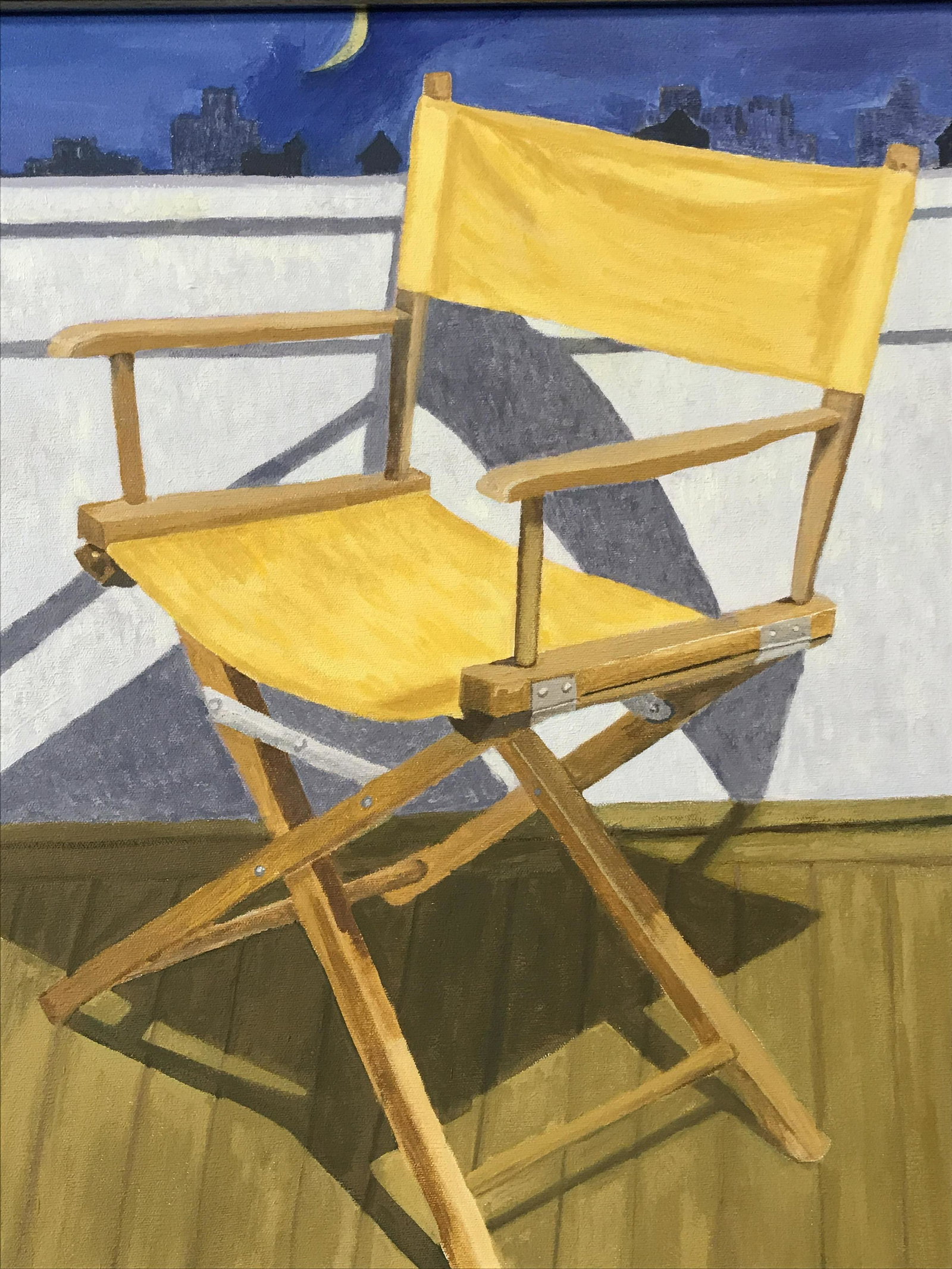 Signed Oil on Canvas S.Golick: Signed oil on canvas, signature in the lower right corner reads S.Golick, date directly after signature reads ‘96, subject a a yellow directors folding chair on a wooden floor with a window sill and