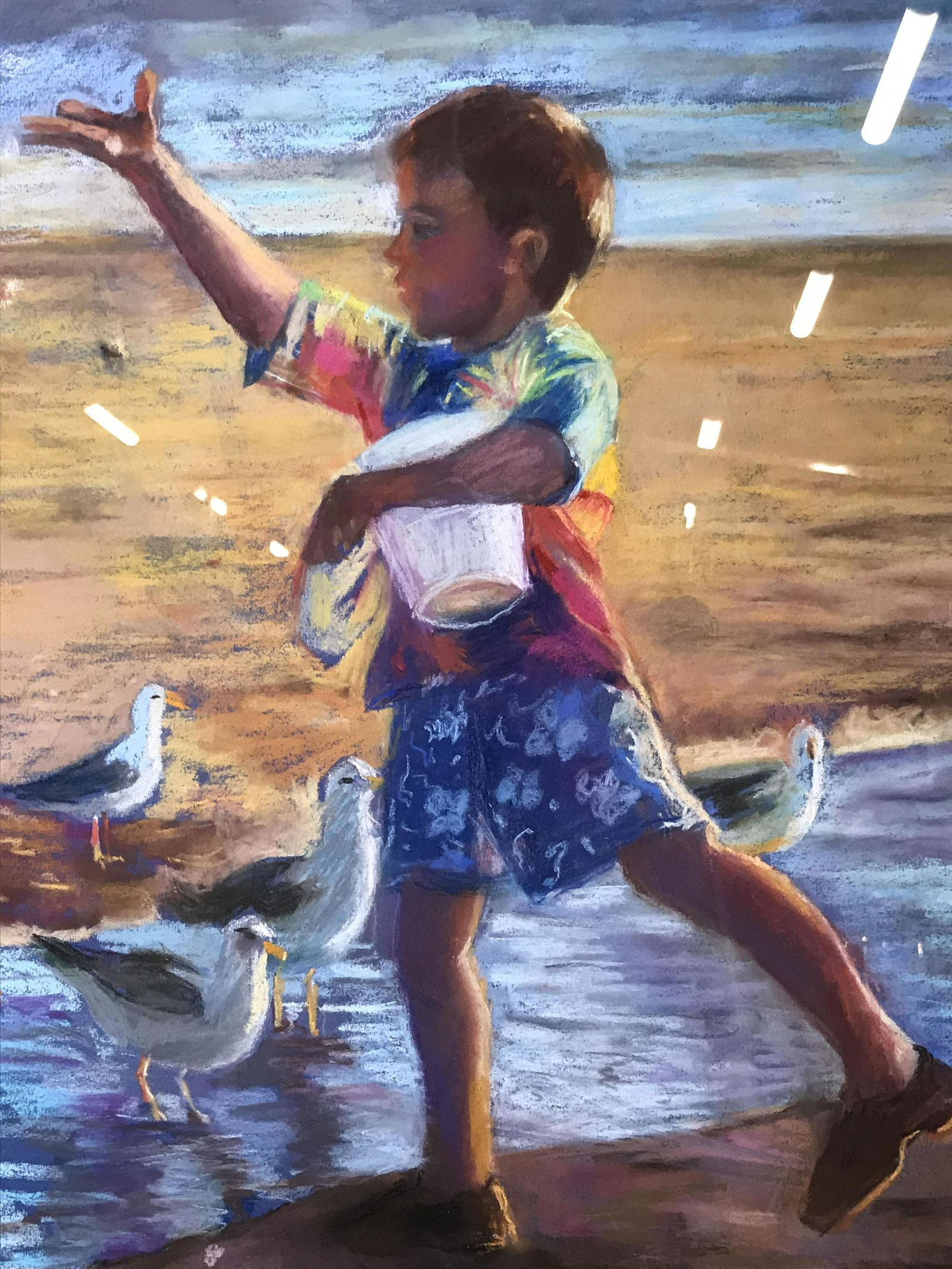 Fran Richards Signed Original Pastel: Fran Richards Signed Original pastel, titled ‘Supper for the Gulls’, signature in the lower left corner reads ‘F.Richards’, subject a young boy on the beach with seagulls, yellow matting, wood
