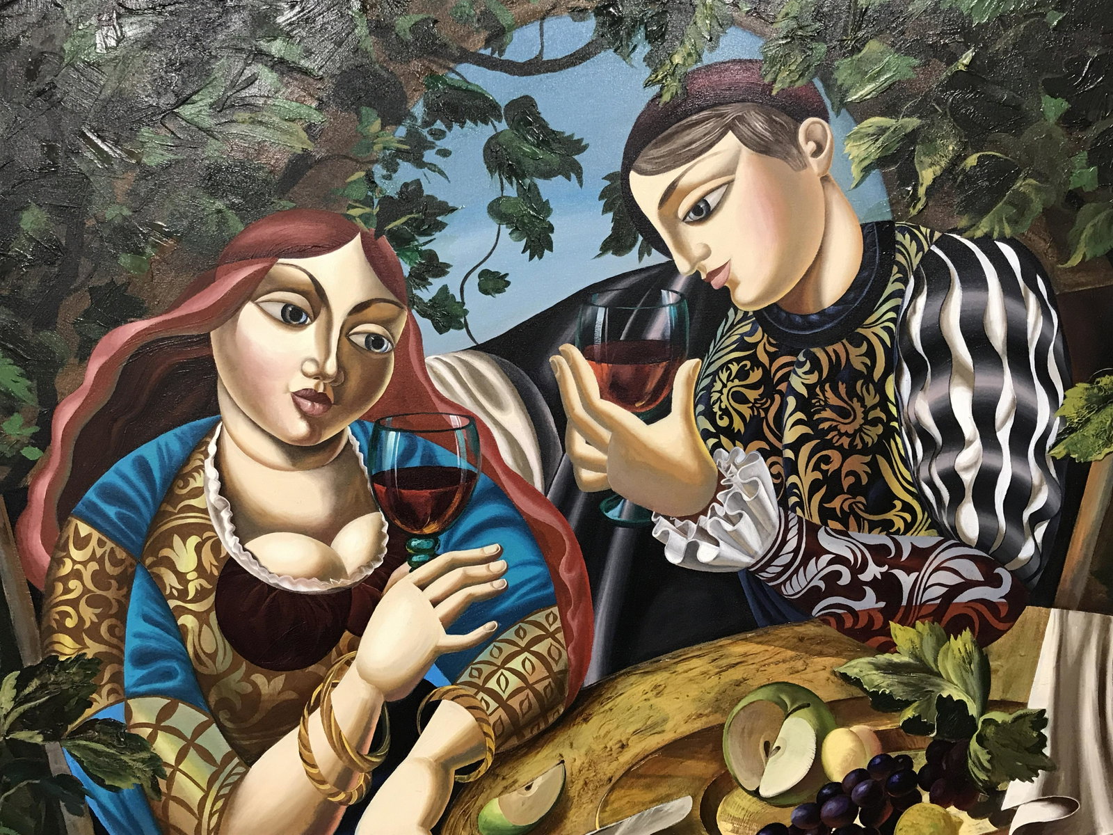 Misha Borisoff Abstract Oversized Oil on Canvas: Abstract oversized oil on canvas, no apparent signature, subject a male and female figure in Medieval garb seated at a table with fruit and wine, thick impasto brushstrokes in various sections, cubist