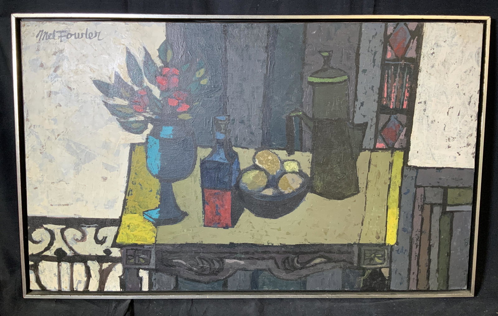 Mel Fowler Signed Oil on canvas Blue Vase & Bottle: Signed oil on canvas, Signature on upper left reads ‘Mel Fowler’, Label to reverse reads ‘Mel Fowler 106 Prince St, New York, NY 12 NY WA 5 7536’, Sketch in pencil to verso detailing a bowl of