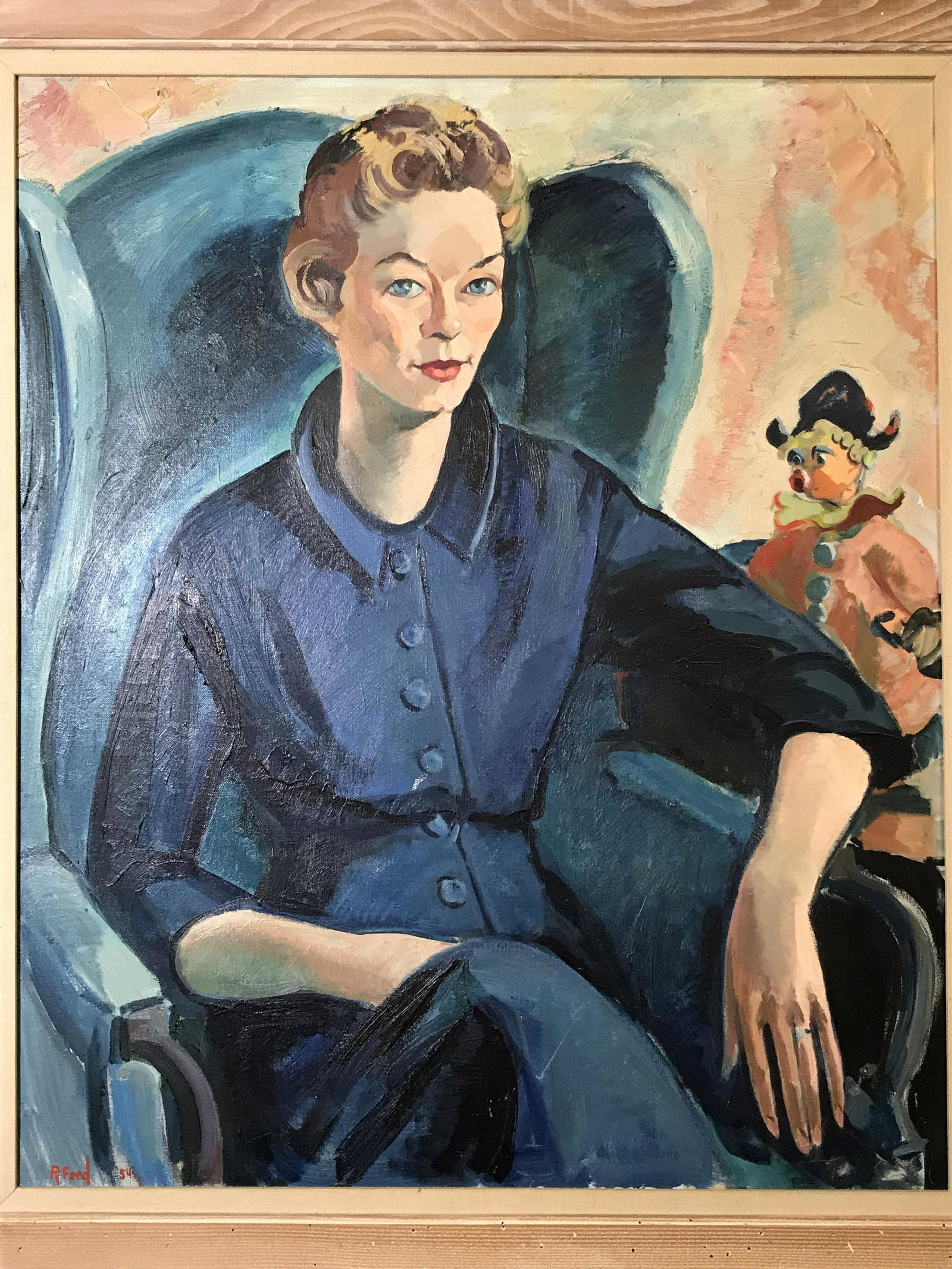 Ruth Van Sickle Ford Signed Oil on Canvas Portrait: Signed Oil on Canvas Portraiture, signature and date in the lower left corner reads ‘R.Ford 54’, subject a portrait of a woman seated on a blue couch in a blue dress with a toy clown behind her, t
