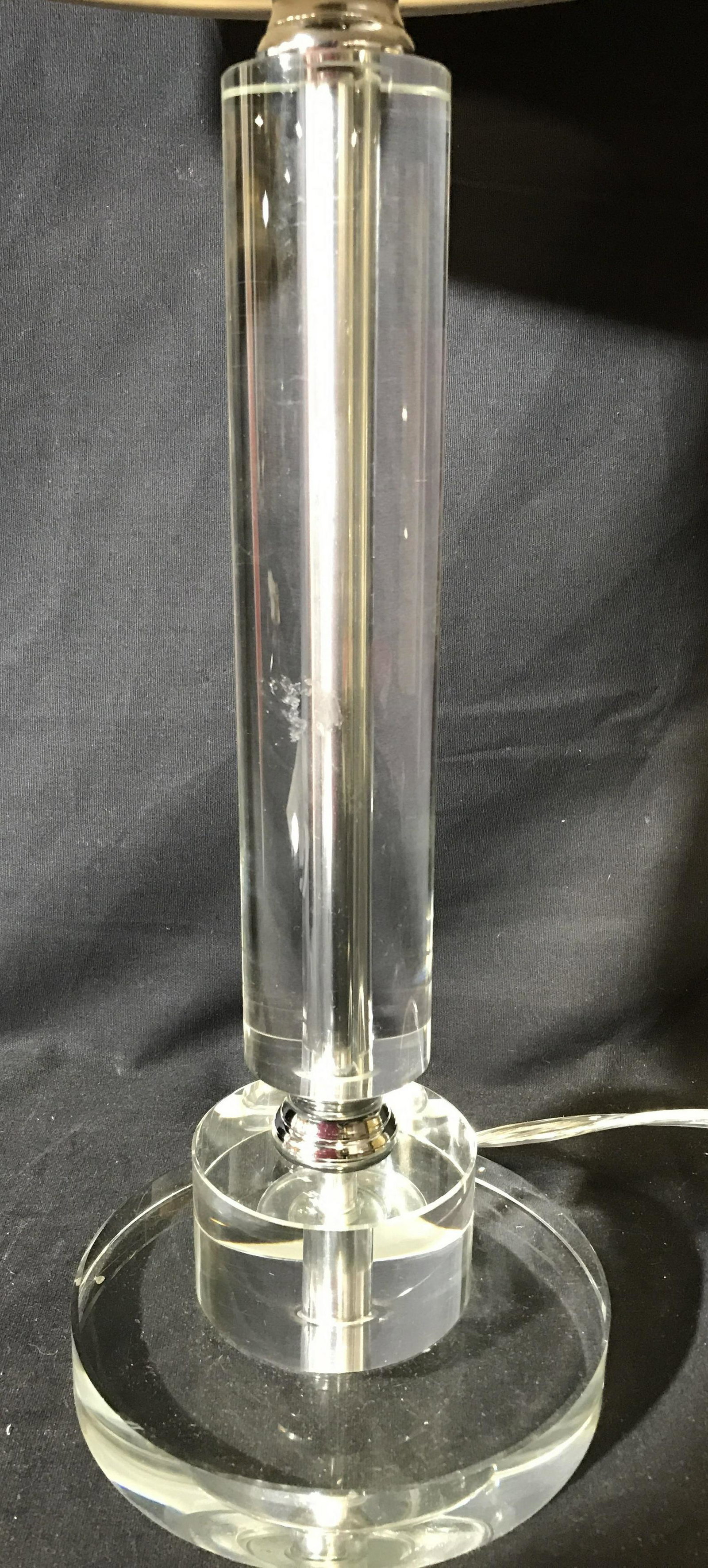 Vintage Lucite Tabletop Lamp: Vintage lucite lamp. Accompanied by shade. Measures approx 24 inches H, and 11.5 inches W, with the Shade affixed. Wear is consistent with age and use. Lamps, lights, lighting, home lighting, table to