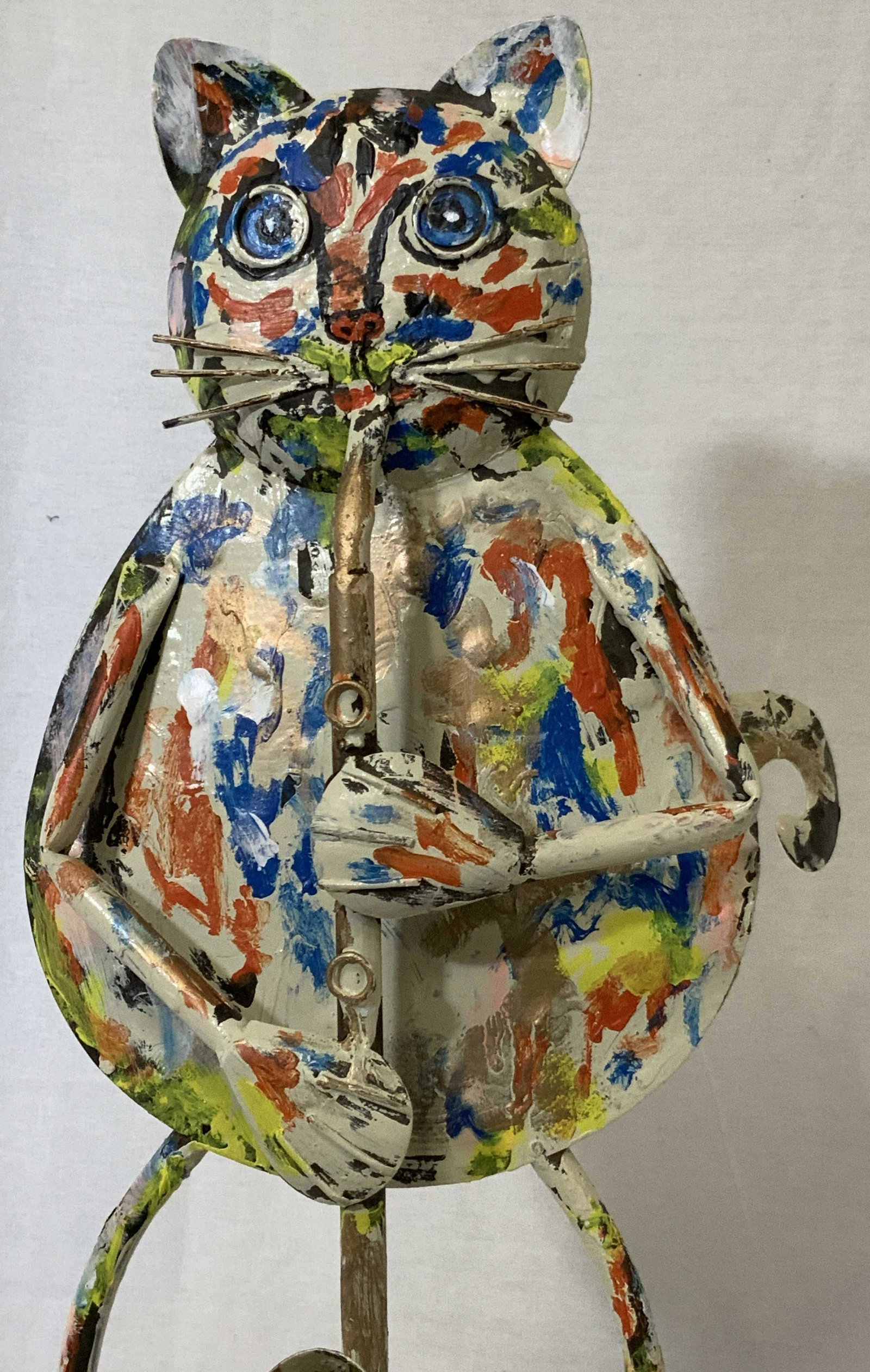 R. Monti Musician Cat Sculpture: Original tin “Cool Cat? Sculpture, attributed to Philadelphia abstract artist “R. Monti", mid century modern acrylic drip art, cat figure playing saxophone, was acquired from the artist, measures 