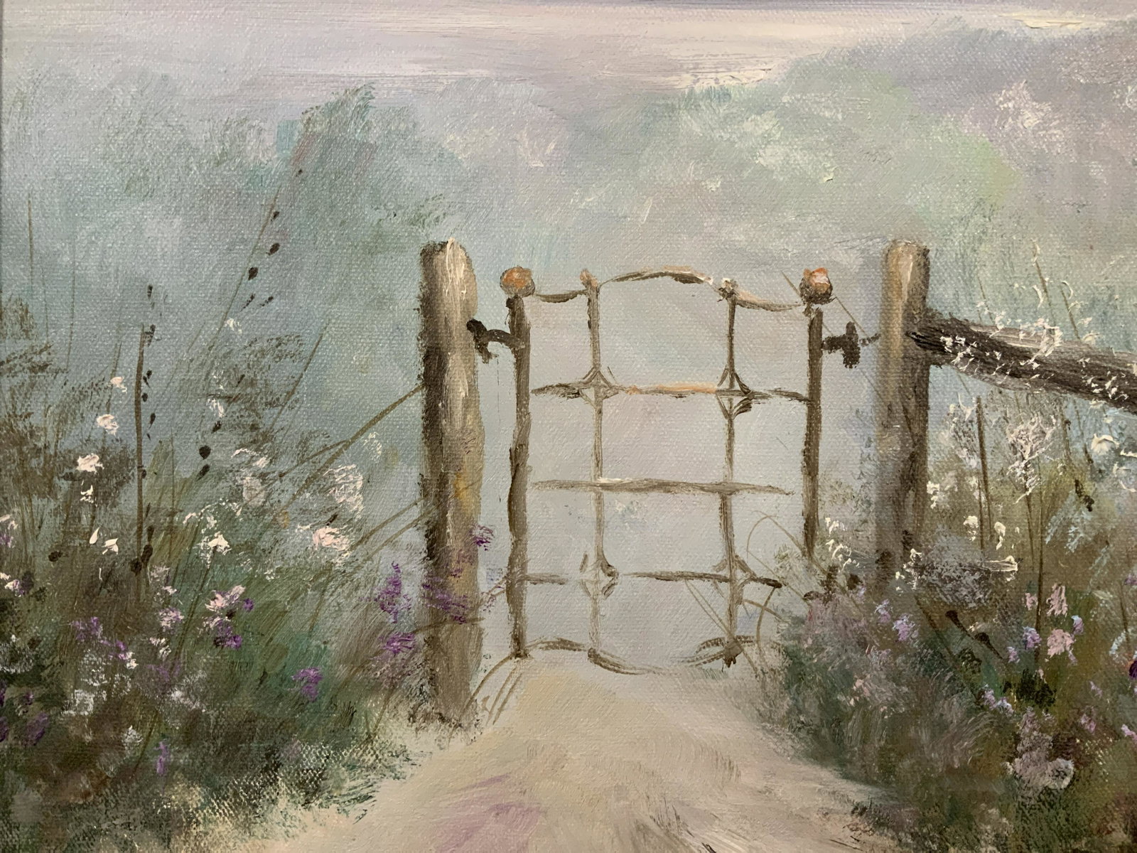 Patricia Ann Blanc Signed An Island Mist: Signed original oil on canvas, Signature appears at lower left corner reads ‘, Cottage amid a misty coastal background with colorful wildflowers in fore, Affixed to reverse is artist bio, Inscriptio