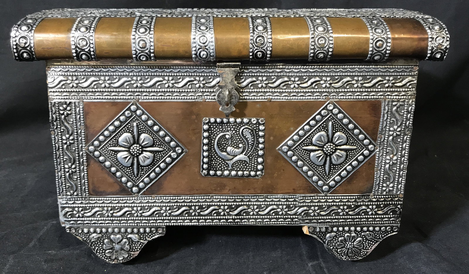 Copper & Tin Plated Wheeled Jewelry Box: Copper and tine plated wheeled jewelry bow, interior lined with purple velvet, initial compartment at the top of box can be removed to reveal a ring pole and more space for other assorted items, some 