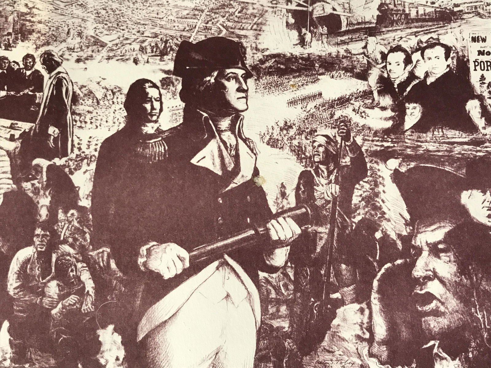 Alton S. Tobey Signed Lithograph: Alton S. Tobey Signed Lithograph subject a collage of various American historical scenes in a purple sepia tone, signature to the lower left corner reads ‘Alton S.Tobey’, overall in good condition