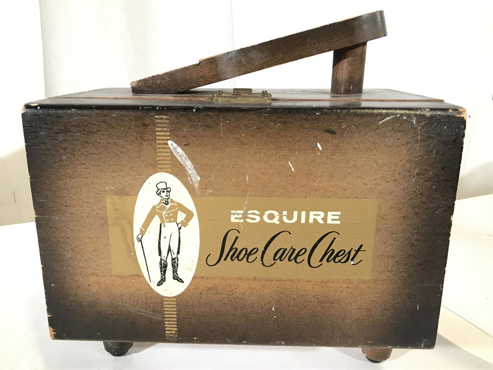 Vintage ESQUIRE Wooden Shoe Polish Chest: Piece is marked ESQUIRE SHOE CARE CHEST. Piece is vintage possibly antique. Box appears to possibly be hand crafted. Piece measures approximately 11 inches long 10.5 inches tall 7 inches deep. Shoe ca