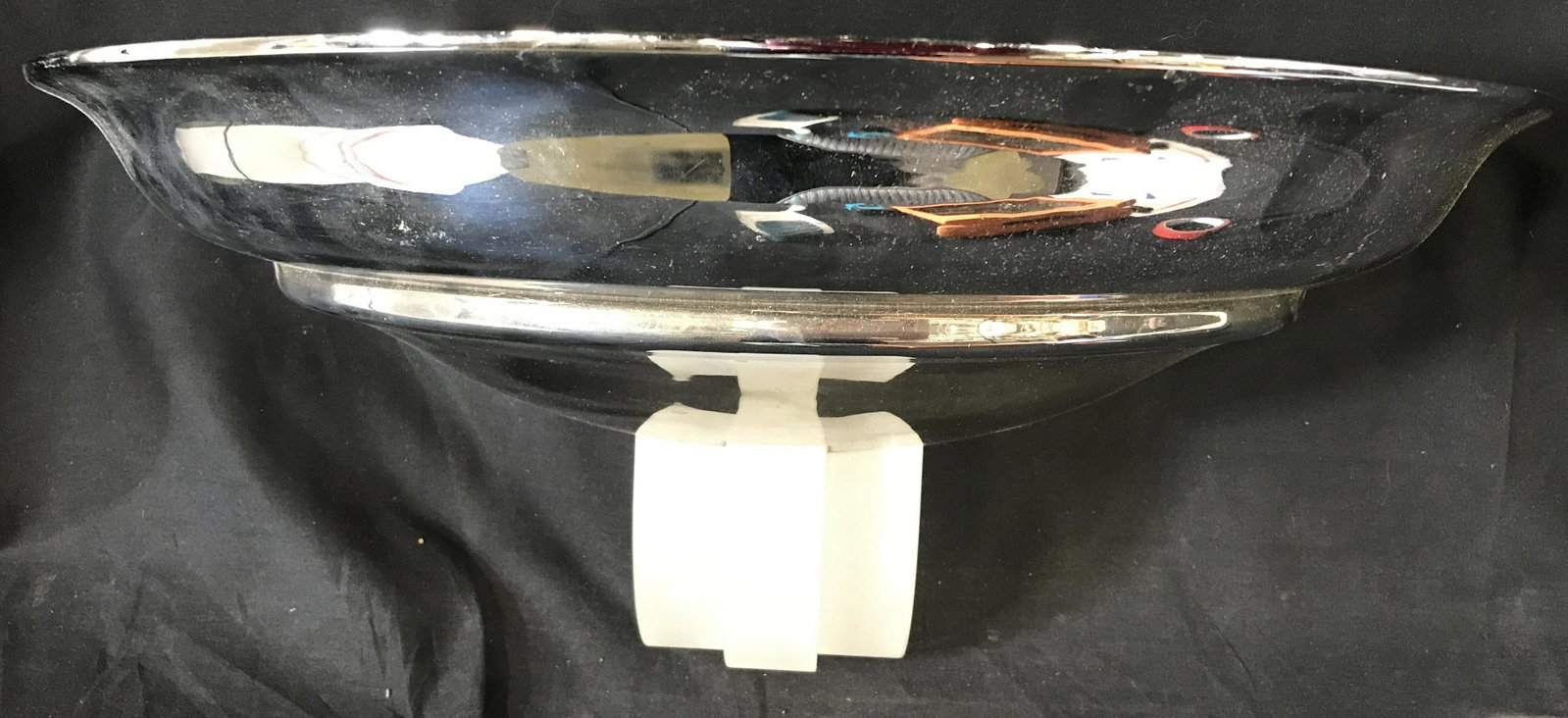 Vintage Art Deco Chrome Light Fixture: Vintage Chrome and frosted glass wall sconce. Oversized chrome light backing and front decor that resembles frosted glass. Measures approx 9.5 inches H, 22.75 inches W, and 11 inches deep. Mounts to w
