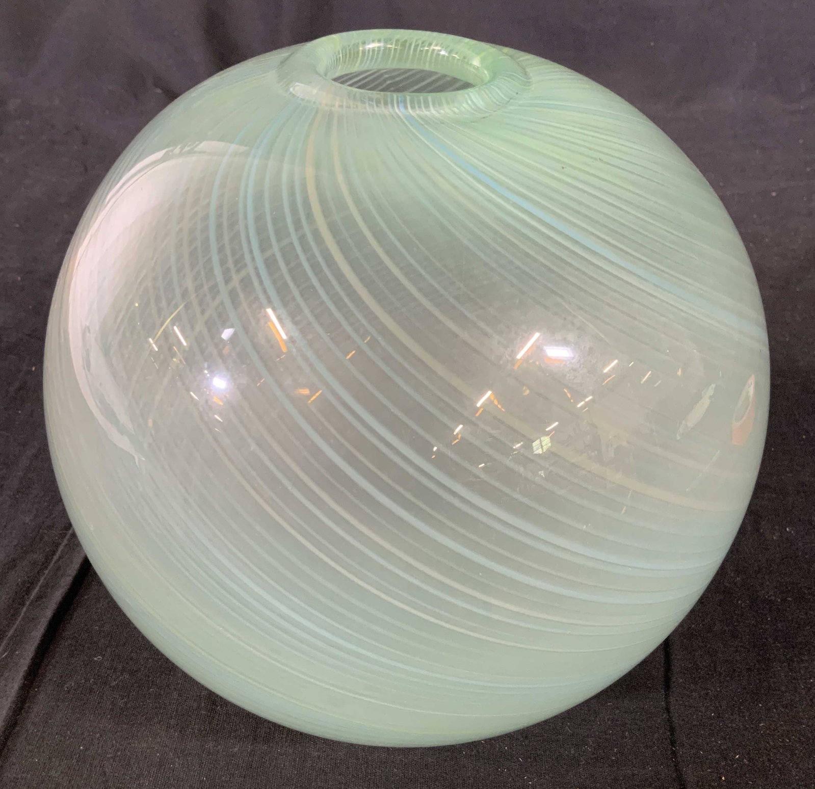 Thick Walled Art Glass Orb, Swirl: Pale green to aqua undertone with delicate tonal pi striping, thick walled, hand crafted hand formed art glass, orb, decorative object, globe, table ware, decorative arts, decorative accessory, measur