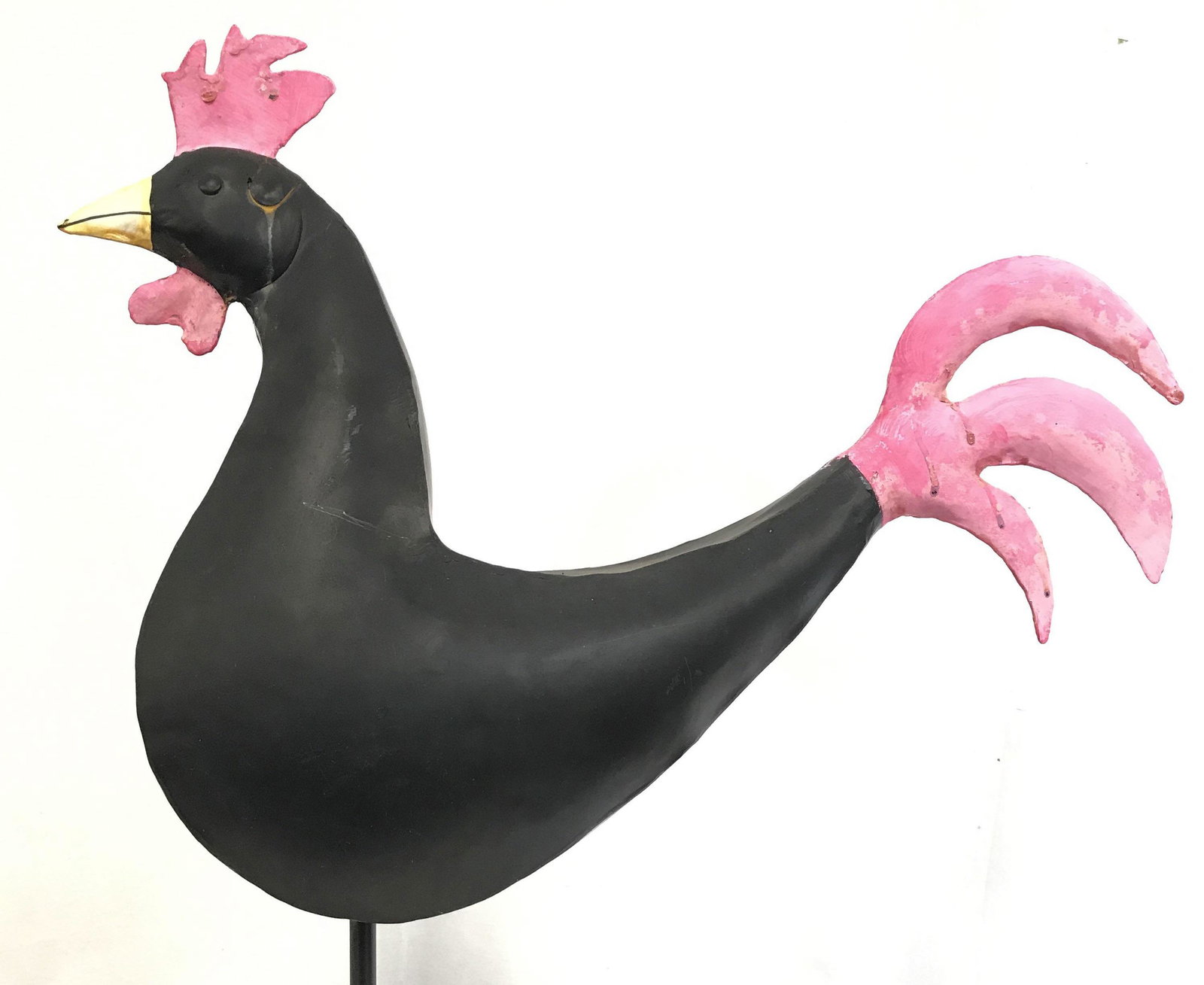 Vintage Metal Painted Folk Art Rooster Sculpture: Rooster sculpture has stone base. Sculpture is metal. Piece appears to be hand painted. Rooster, rooster sculpture, metal rooster sculpture, folk art rooster, folk art rooster sculpture, decorative ar