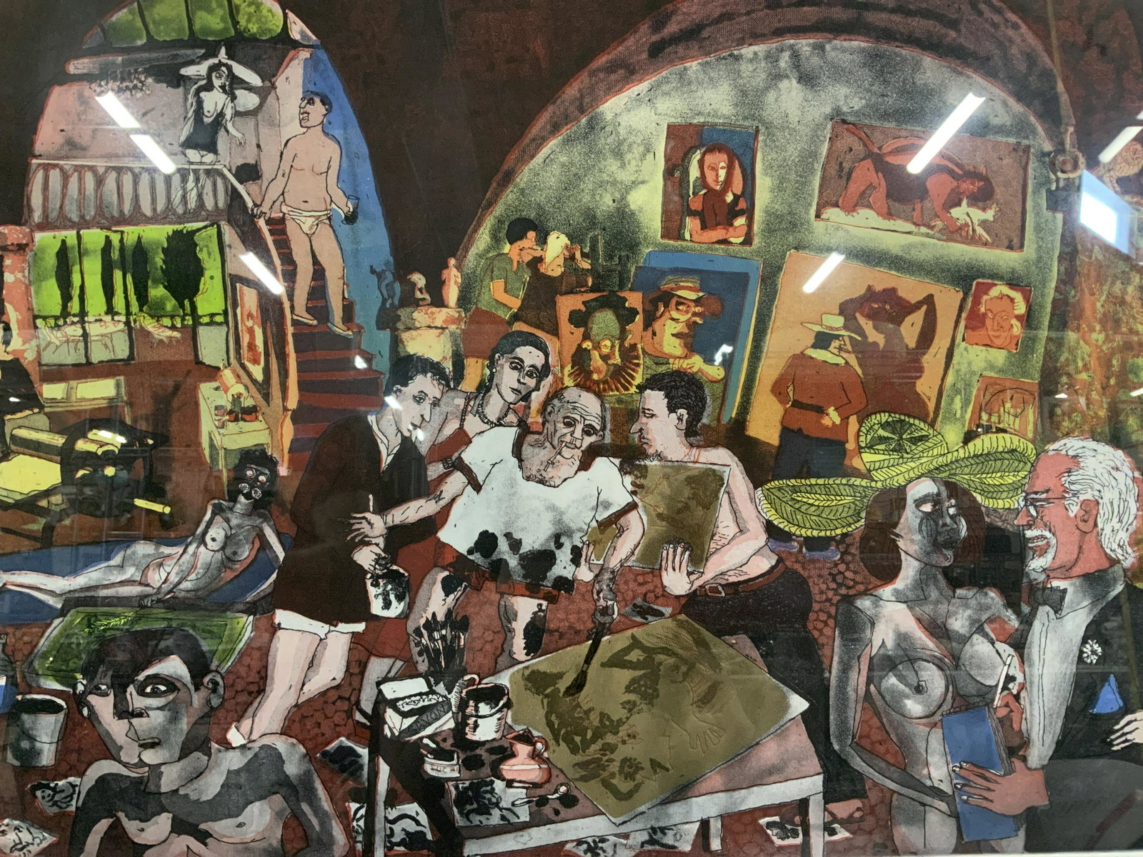 Warrington Colescott Signed Picasso at Mougins: Warrington Colescott signed color intaglio etching, Signature in lower right corner reads ‘Warrington Colescott 2002’, Edition reads ‘125/200’, Inscription in center reads ‘Picasso at Mougin