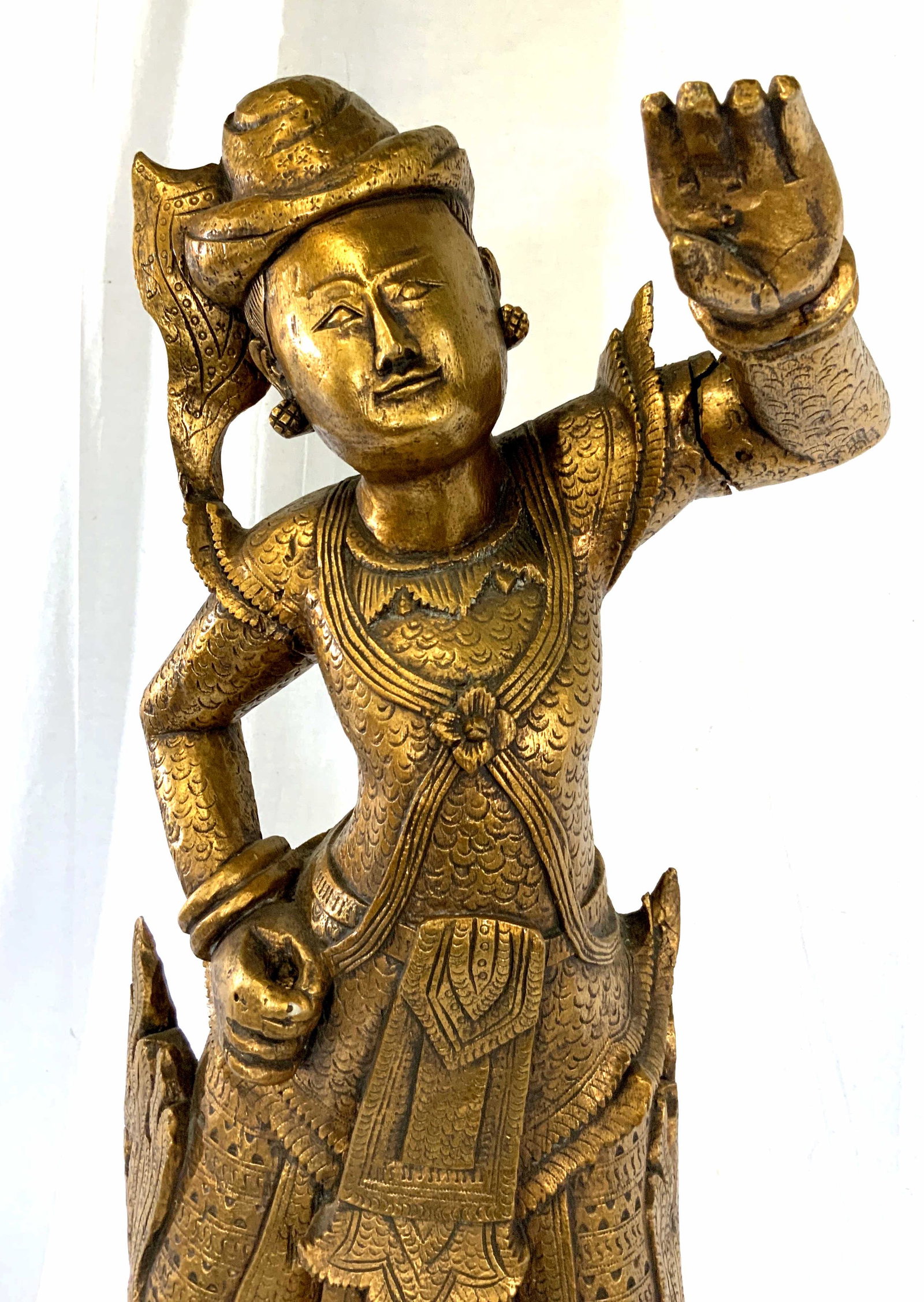 Floor sized Gilded Wood Carved Buddha: Floor sized Gilded wood carved buddha dancing figure, south Asian Art sculpture, Indo-Chinese, possibly Thai balinese, buddha dancer in classical dancers garb, antique gold leafed, intricatley carved,