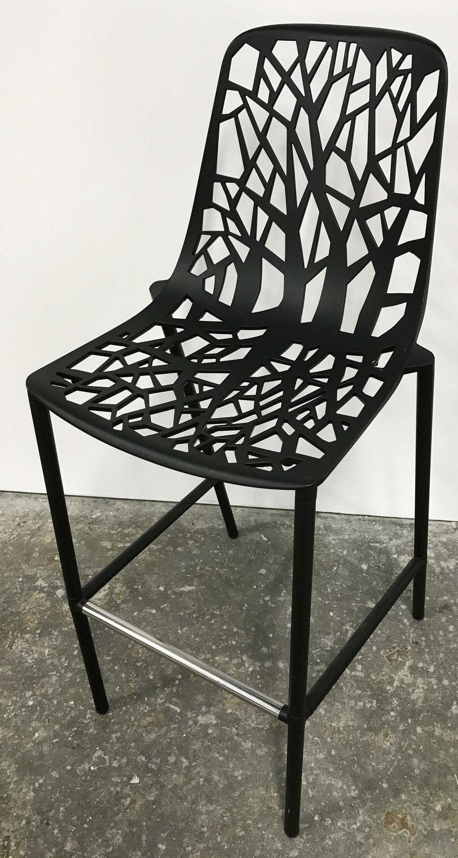 Pair FAST Metal Barstools: Pair metal barstools, by FAST. Sport a tree branch motif. Each measures approx 43 inches H, 17 inches W, and 21 inches deep. Wear is consistent with age and use. Bar stool, chairs, bar chairs, metal f