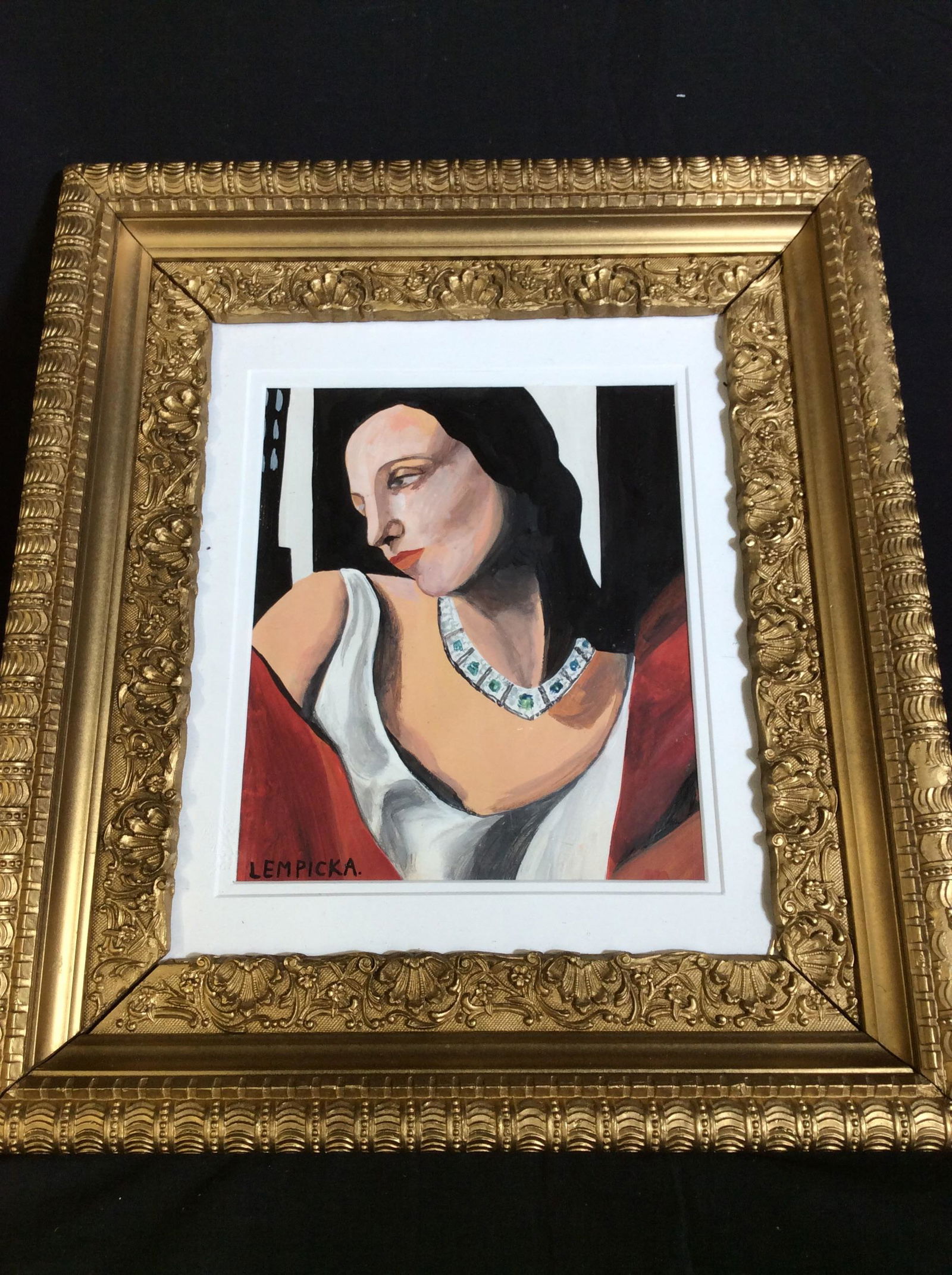 Framed Oil on Paper, LEMPICKA, Portrait Of Woman: Tamara de Lempicka. Original oil on paper Portrait Of a woman wearing a diamond and emerald necklace. Signed Lempicka lower left, verso stamped ‘Lewis Spencer London’ on Original Art. Quality fram