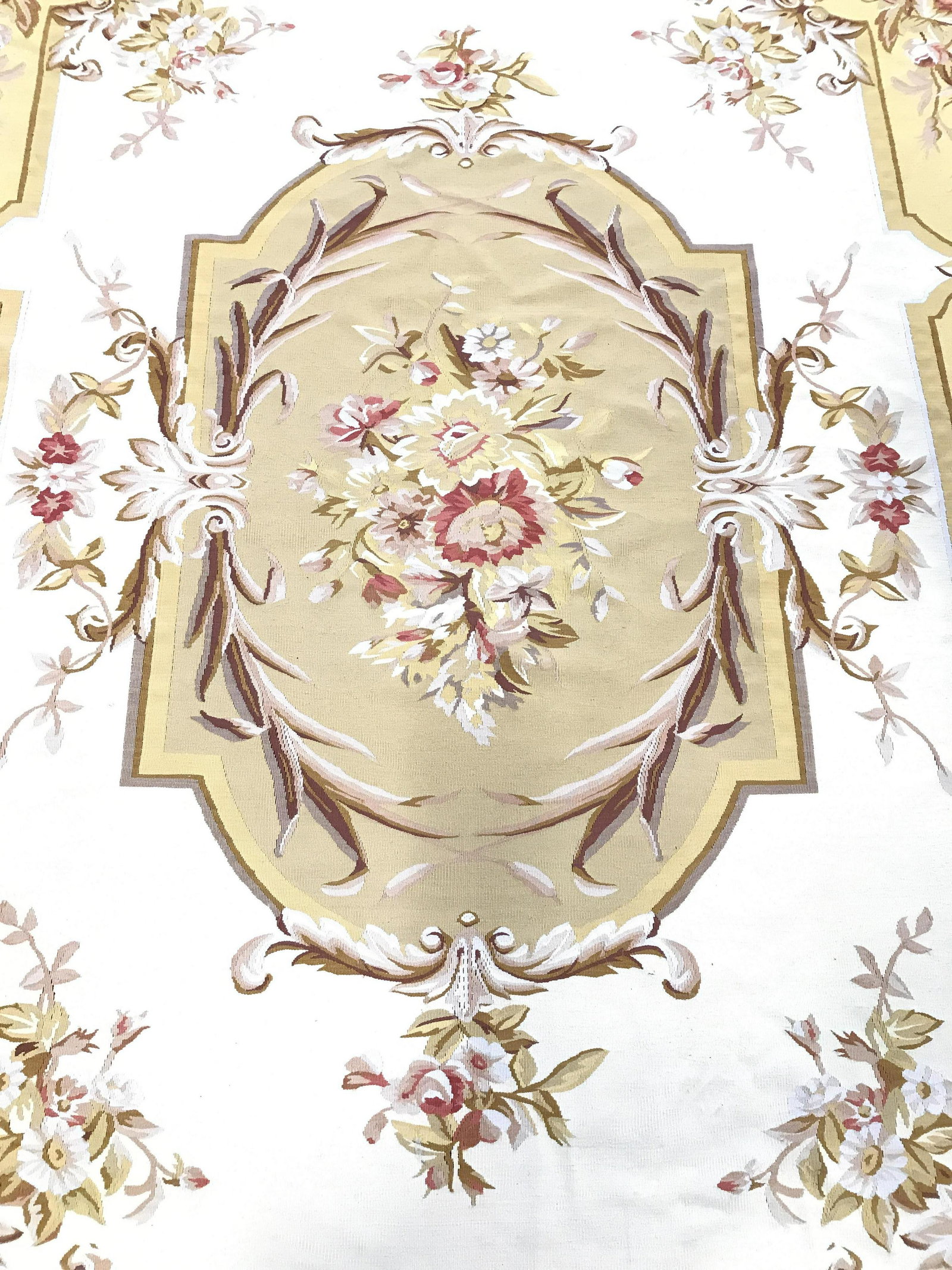 Vintage Handmade Chinese Aubusson Rug: Underside has tag which reads CHIN AUBUSSON. Piece has intricate multi toned floral leaf & vine detail. Rug measures approximately 138 inches long 106 inches wide. Rug, handmade rug, Aubusson rug, Chi