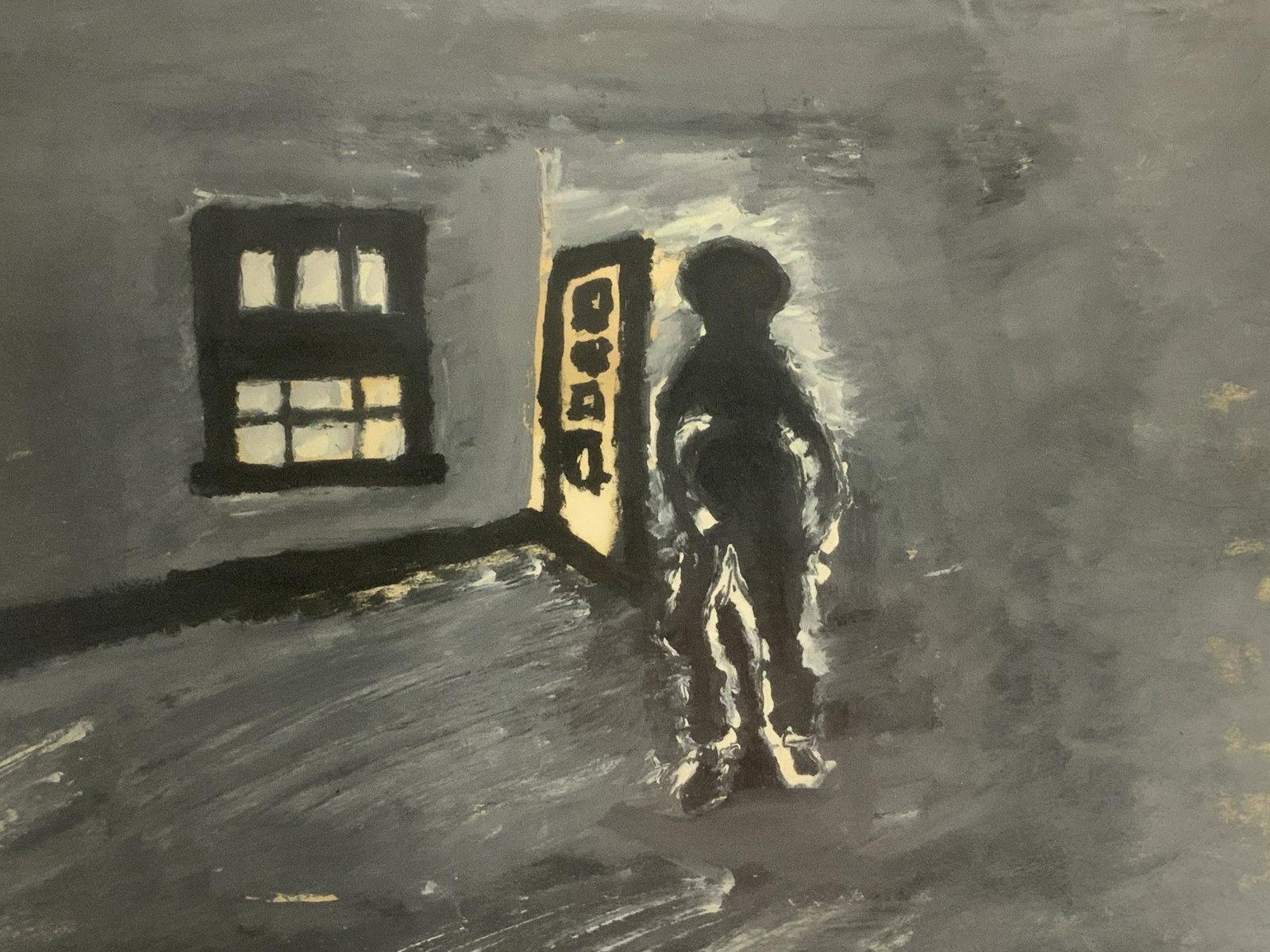 Mid Century Abstract Expressionist Style Art: A mid century painting possibly on paper as the work has not been examined out of the frame or from under the glass. The work appears to be unsigned but bears a similar numerical paper label as other 