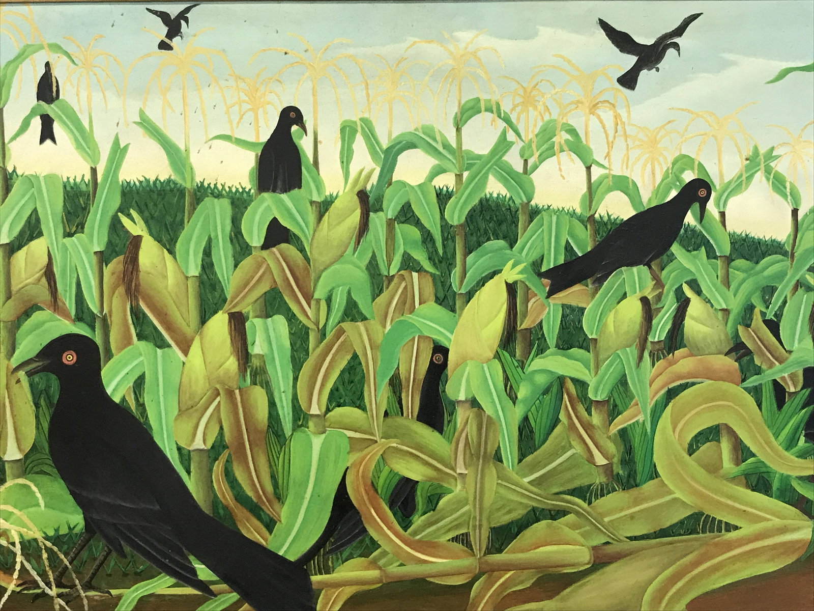 Gérard Valcin Signed Oil painting on Panel: Gérard Valcin (1923- ) signed oil painting on panel, signature and in the lower left corner reads ‘Valcin 9/Aôut/68’, subject a murder of crows in a corn field, done in a classic Haitian primiti