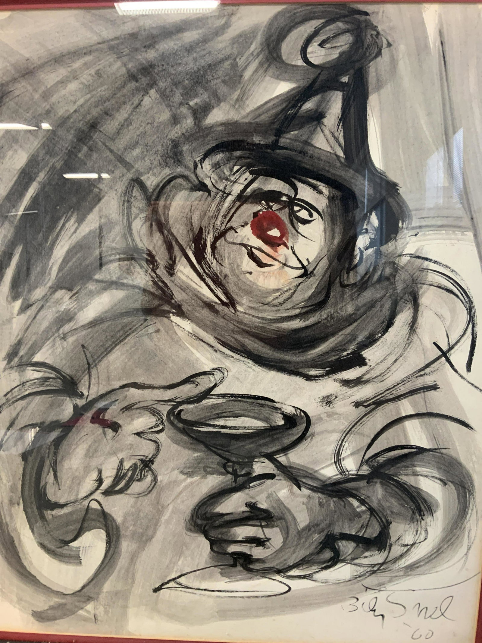 Bily Snel Signed Painting, Portrait of Clown: Bily Snel signed portrait painting of a clown, possibly ink or watercolor on paper, signature in lower right corner reads ‘Bily Snel 60’, label to reverse reads ‘Bertuch Gallery Picture Framing 
