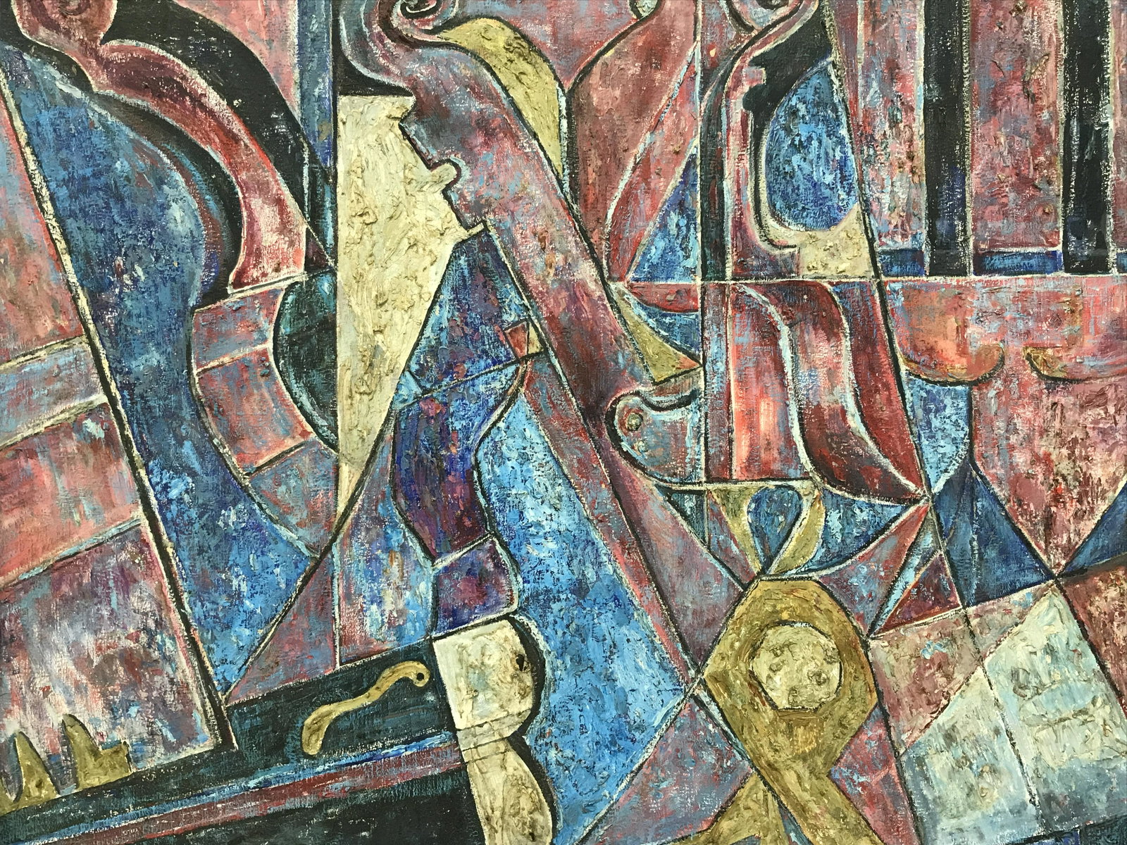 D.Marcus Signed Oil Painting on Canvas: Signed oil painting on canvas, signature and date in the lower right corner reads ‘D.Marcus 1964’, subject an abstract cubist scene of violin heads and other various parts, thick paint applied to 