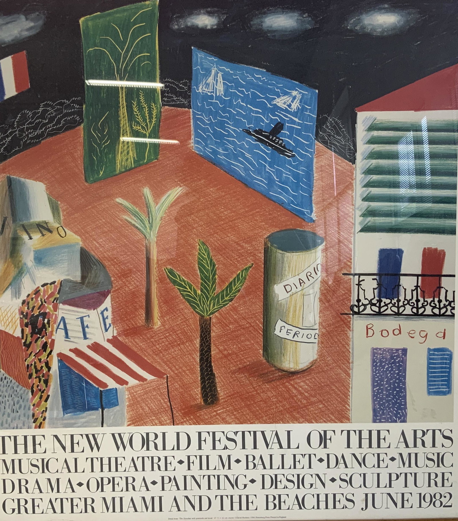 David Hockney Offset Lithograph Advertisement: David Hockney offset lithograph advertisement, label to reverse reads ‘Mark LV Frames Ltd 330 Hudson St New York, NY10013’, inscription in lower portion of lithograph reads ‘The New World Festiv