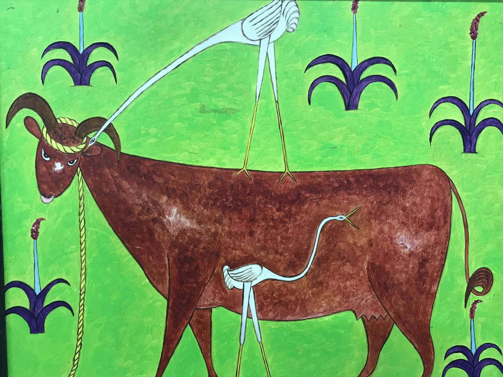 S.E. Bottex Signed Oil Painting Canvas Cap Haitien: S.E. Bottex oil on canvas, signature and title in the lower right corner reads ‘S.E.Bottex, Cap-Haitien’, subject an ox tied in rope with two cranes on a bright neon green background, black painte