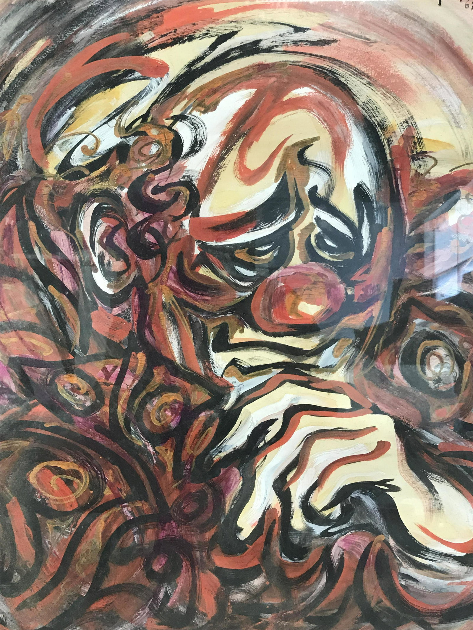 Bily Snel Signed Watercolor Painting Clown: Bily Snel signed watercolor painting on paper, signature and date to the upper right corner reads ‘Bily Snel 62’, subject an abstract clown in red tones, orange matting, wooden frame, some scuffs 