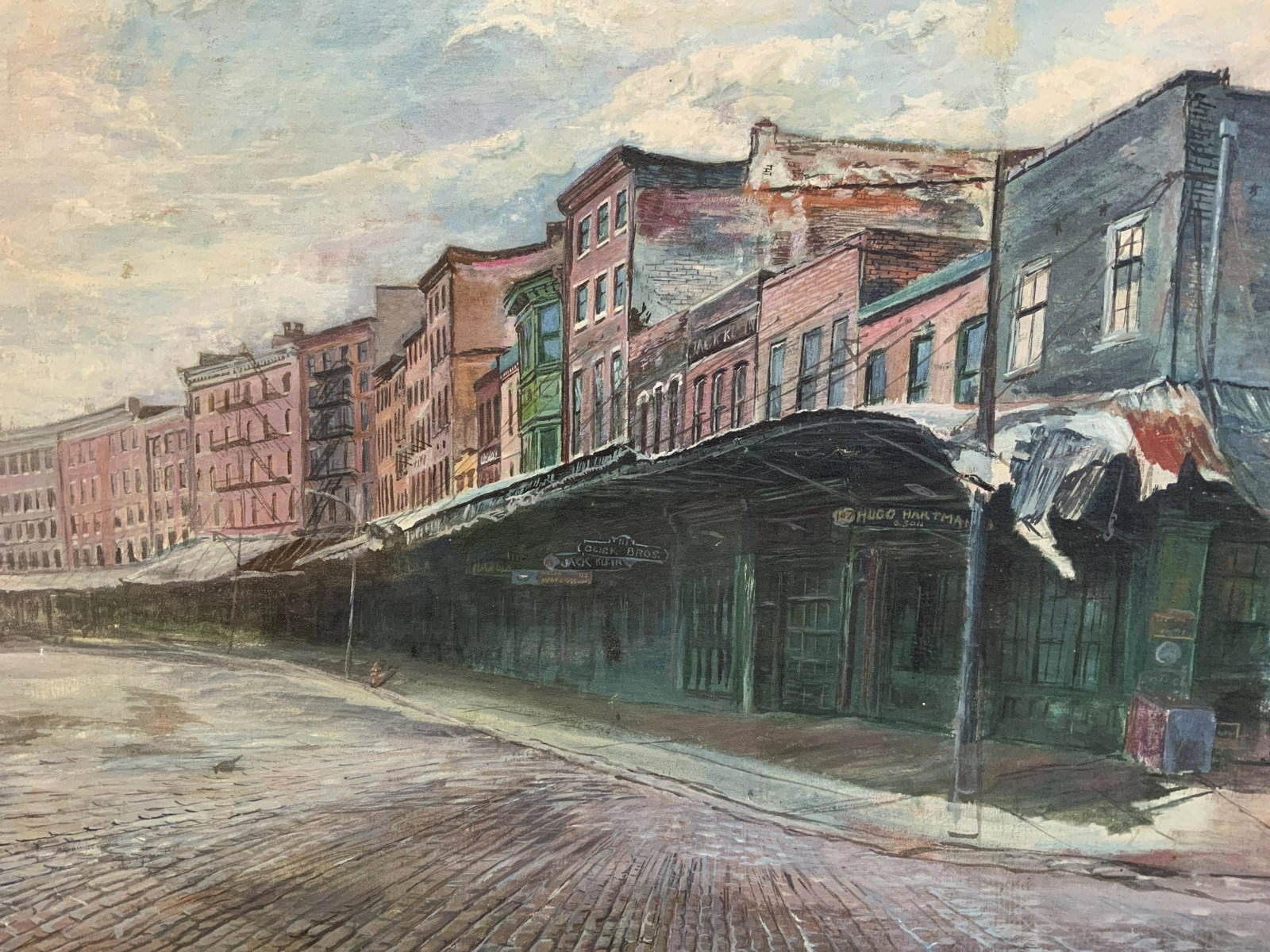 A. Josea Signed Acrylic Painting on Canvas: A Josea signed acrylic painting on canvas, signature in lower right reads ‘A Josea’, a depiction of a cobble stoned street with stores, measures 22 inches x 31 1/8 inches, some losses to paint but