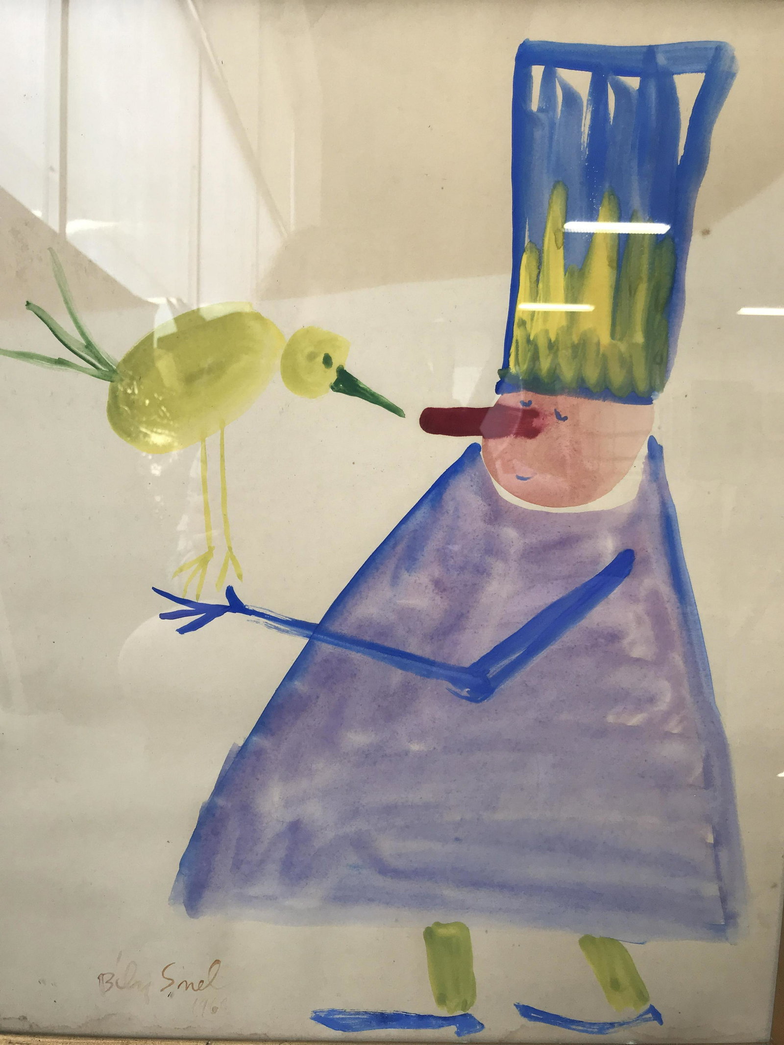 Bily Snel Signed Watercolor Painting, Clown: Bily Snel signed painting of a clown, watercolor on paper, signature in lower right corner reads ‘Bily Snel 1960’, an abstracted clown holding a bird, gilt wooden frame, chips to frame, measures 2