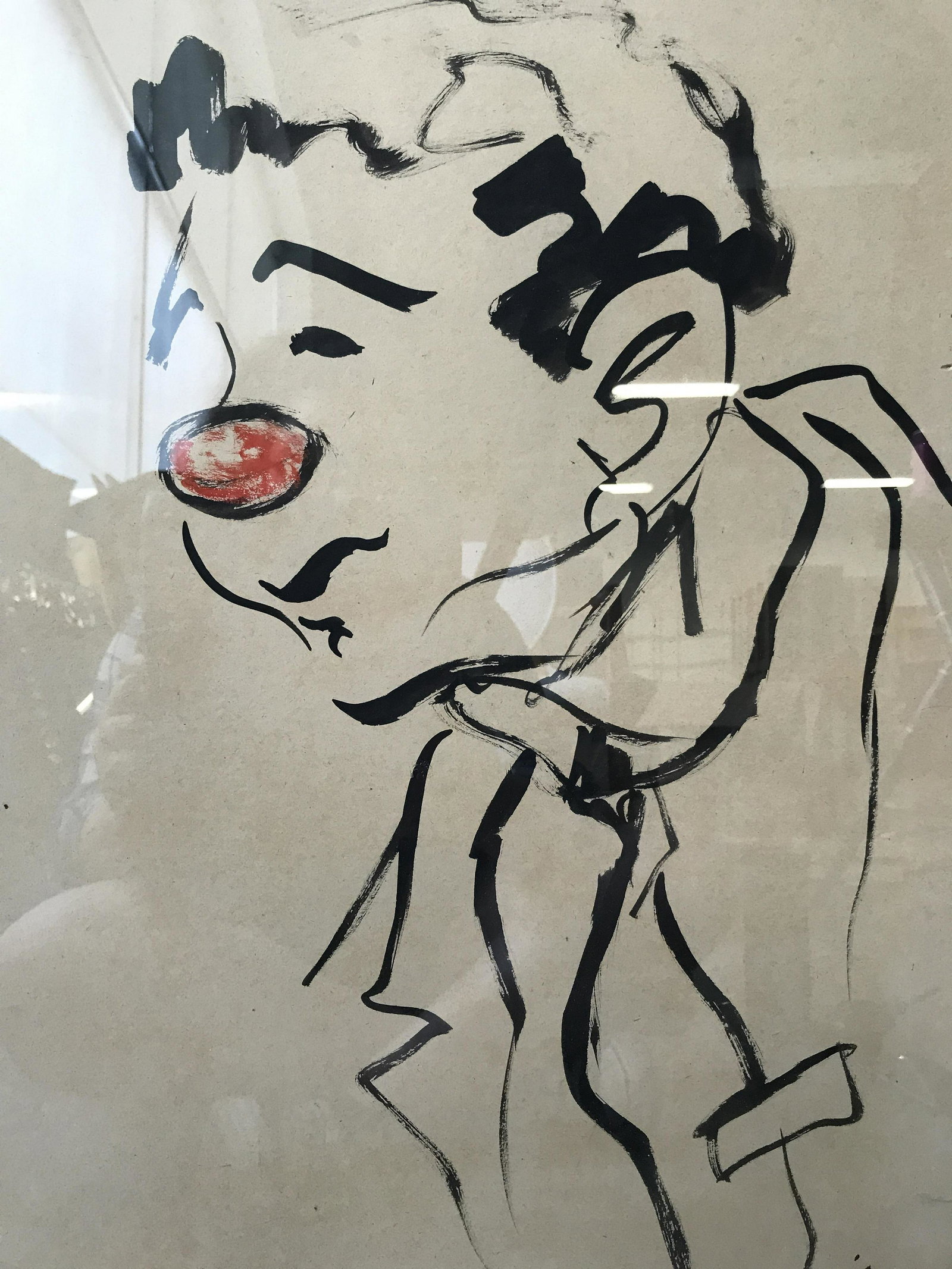 Bily Snel Signed Painting of a Clown: Bily Snel signed painting of a clown, watercolor on paper, signature and date in lower right corner reads ‘Bily Snel - ’, an simplistic clown with a red nose, black wooden frame, wear and chips to