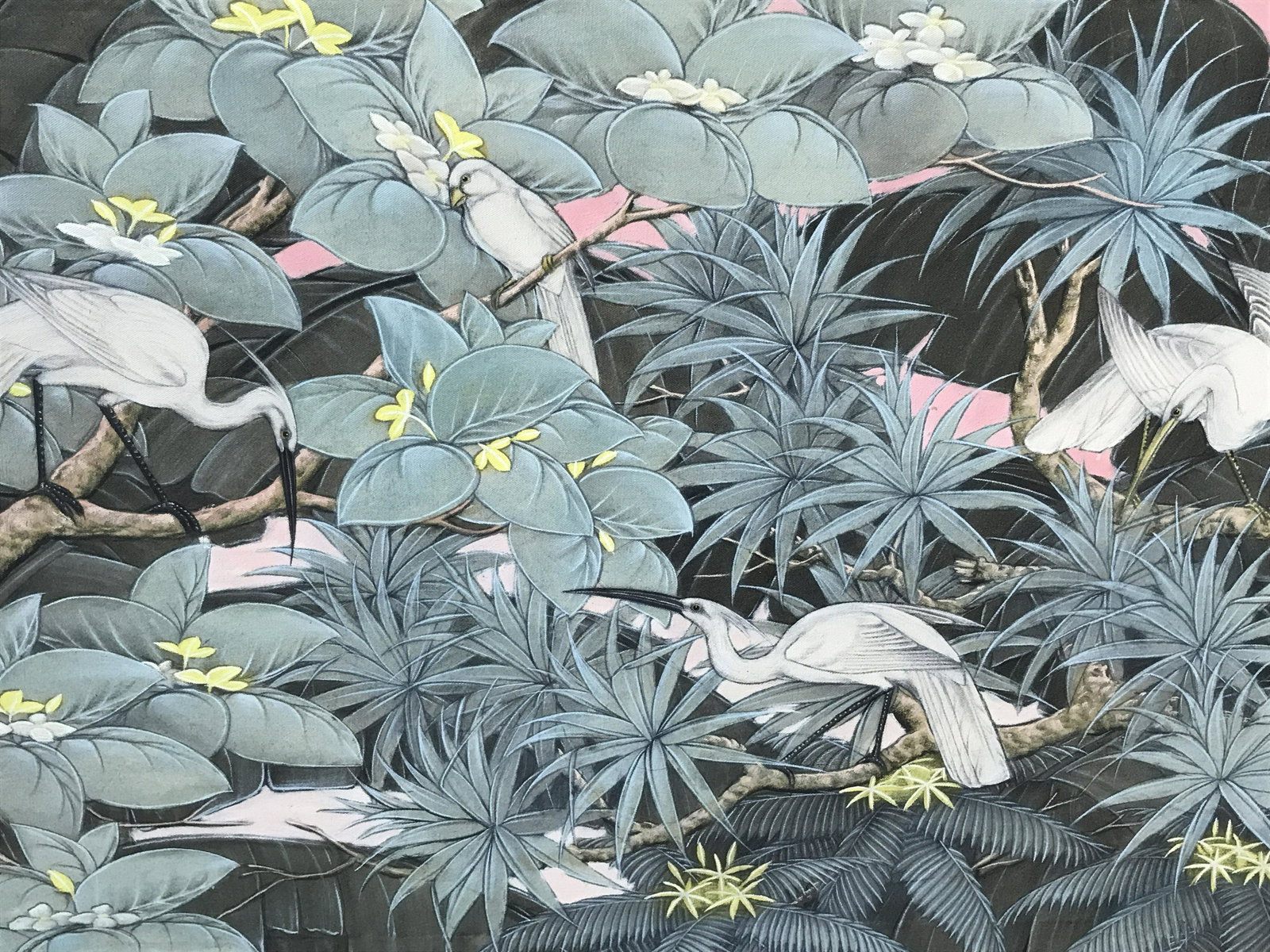 Signed Acrylic Painting on Canvas White Birds: Signed acrylic painting on fabric canvas, signature to the lower right corner illegibly written, subject a variety of different white birds possibly canaries and cranes standing in a jungle setting wi