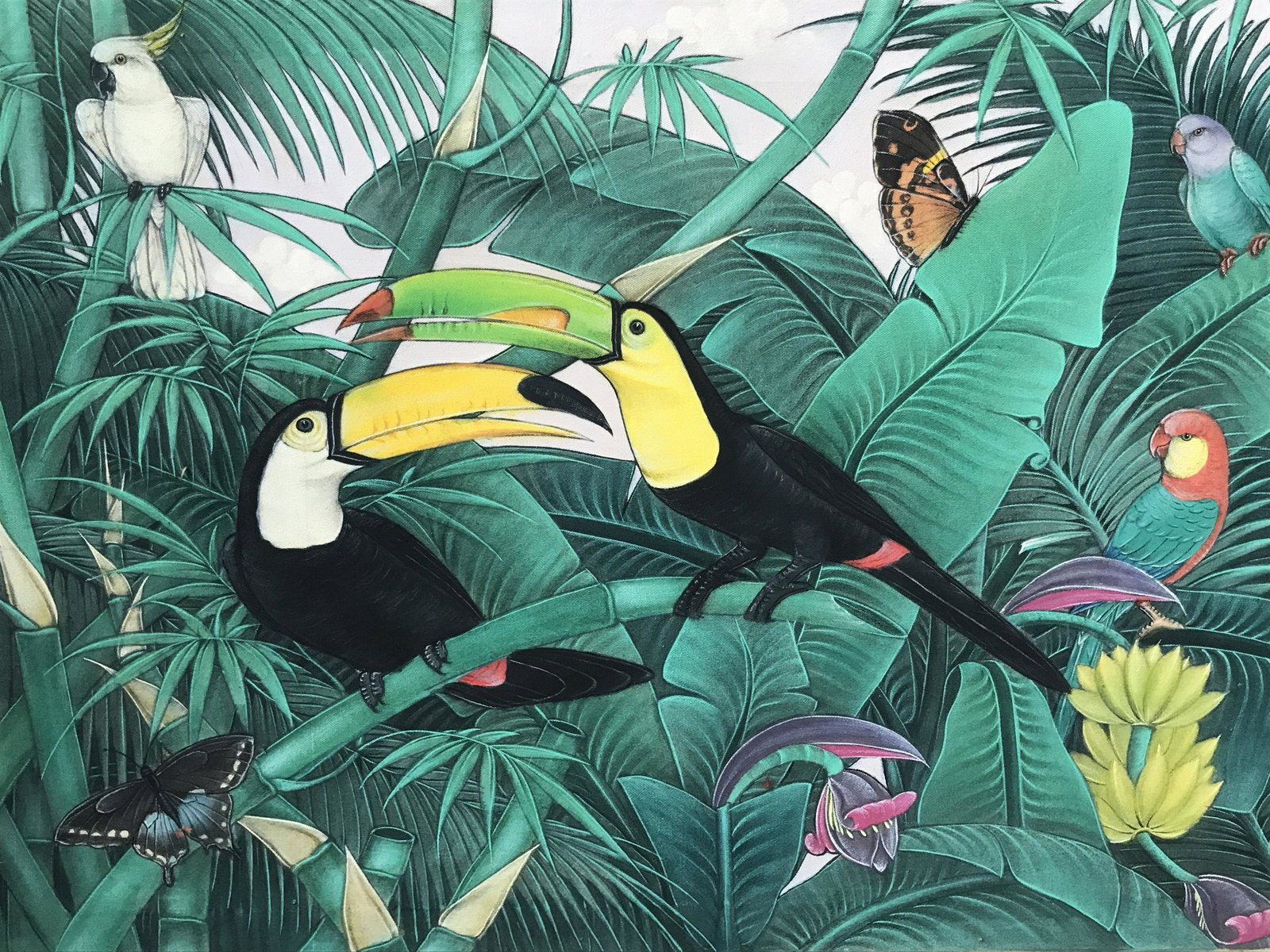 Signed Acrylic Painting Canvas Toucans in Jungle: Signed acrylic on fabric canvas, signature to the lower right corner illegibly written, subject a variety of different birds including toucans and parrots standing in a jungle setting with a light pur