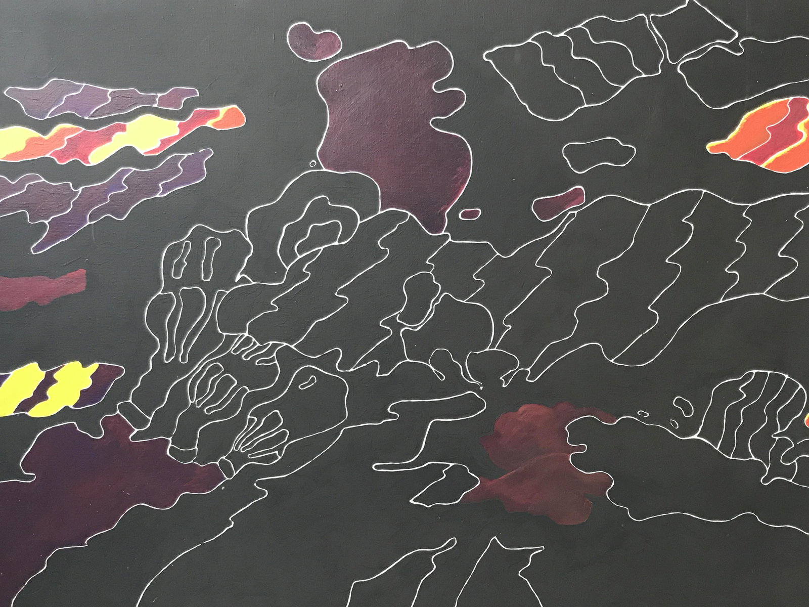 Emil Schumacher Signed Oil Painting on Canvas: Emil Schumacher signed oil painting on canvas, signature to lower right section reads ‘Schumacher’, subject an abstract scene black as the main color with white curvilinear lines and sunset colore