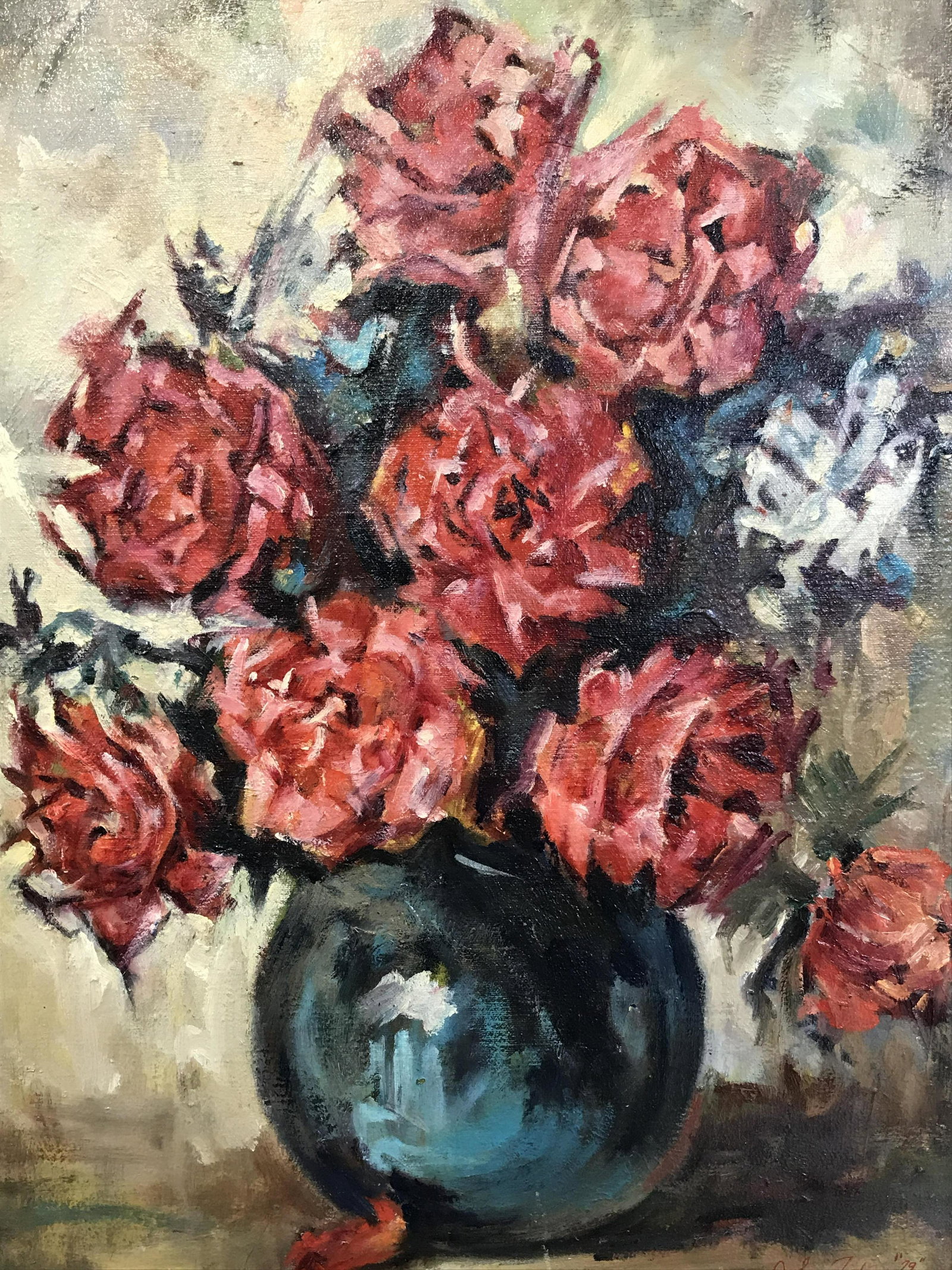 John Jasper Signed Oil Painting on Canvas: John Jasper signed oil painting on canvas, signature and date to lower right corner reads ‘John Jasper 79’, subject a still life of a bouquet of pink and blue flowers in a blue vase, silver toned 
