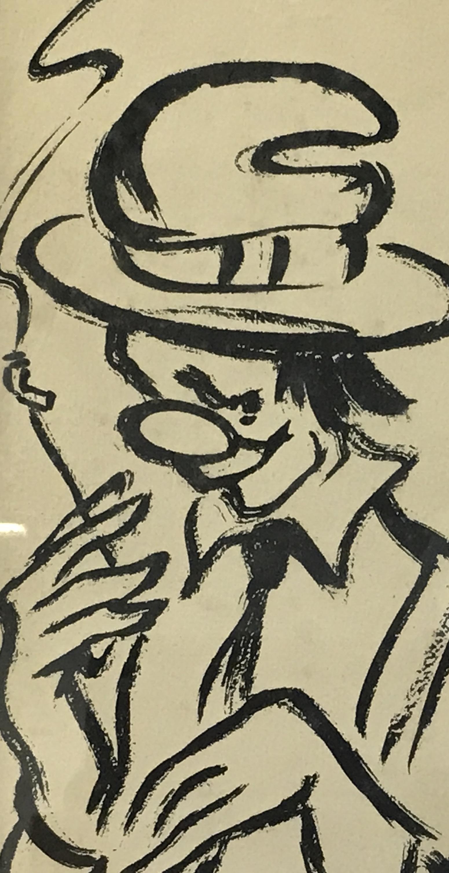 Bily Snel Signed Painting of a Clown: Bily Snel signed painting of a clown, possibly ink or watercolor on paper, signature in lower left corner reads ‘Bily Snel’, an abstracted clown holding a cigarette, black wooden frame, measures 3