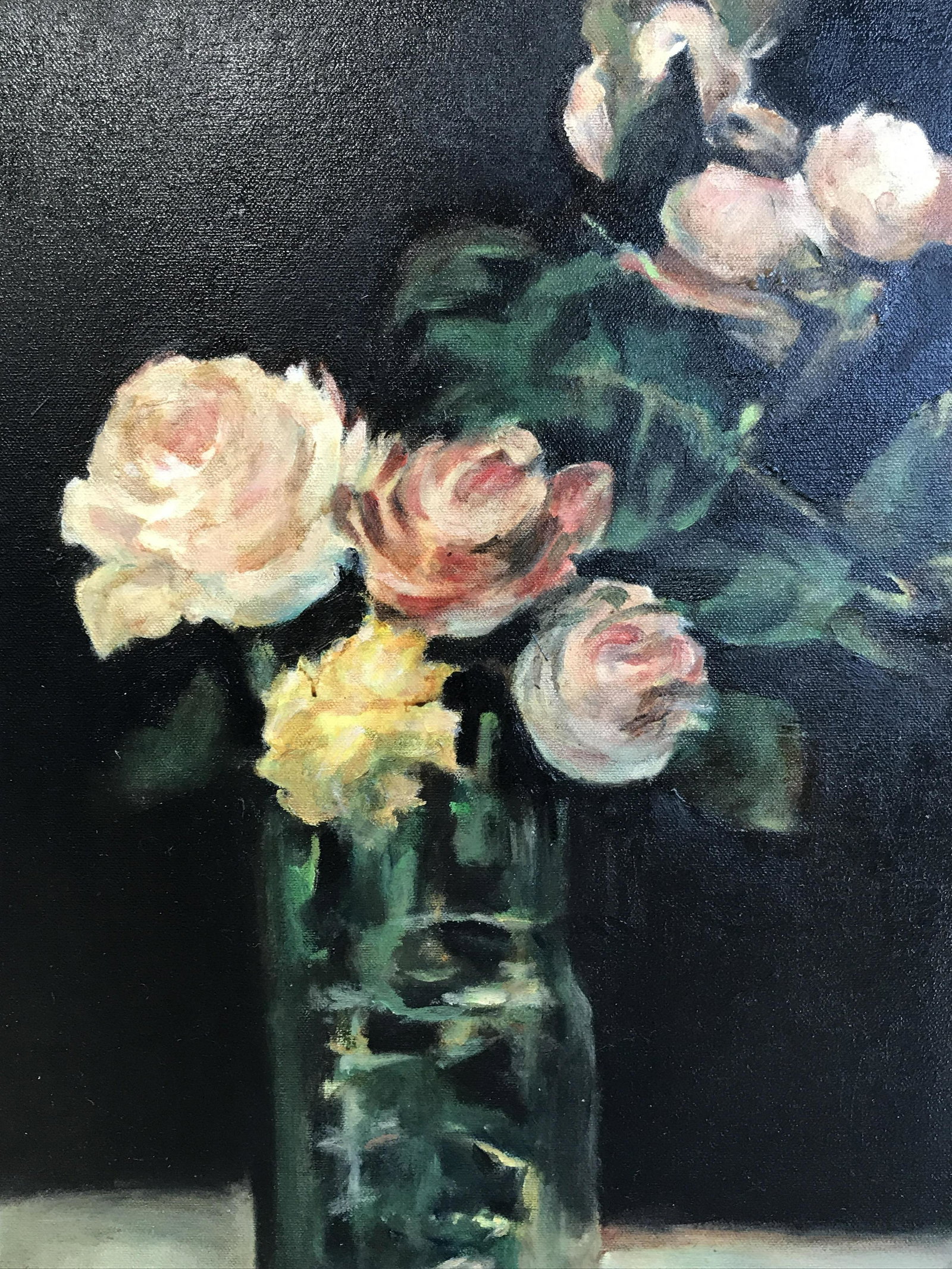 John Jaxim Signed Oil on Canvas Manet Reproduction: John Jaxim Signed Oil on canvas floral still life Manet Reproduction, pencil to verso of canvas reads ‘Roses Dans in Vase De Verne by Claude Edward Manet reproduced by John Jaxim’, affixed to reve
