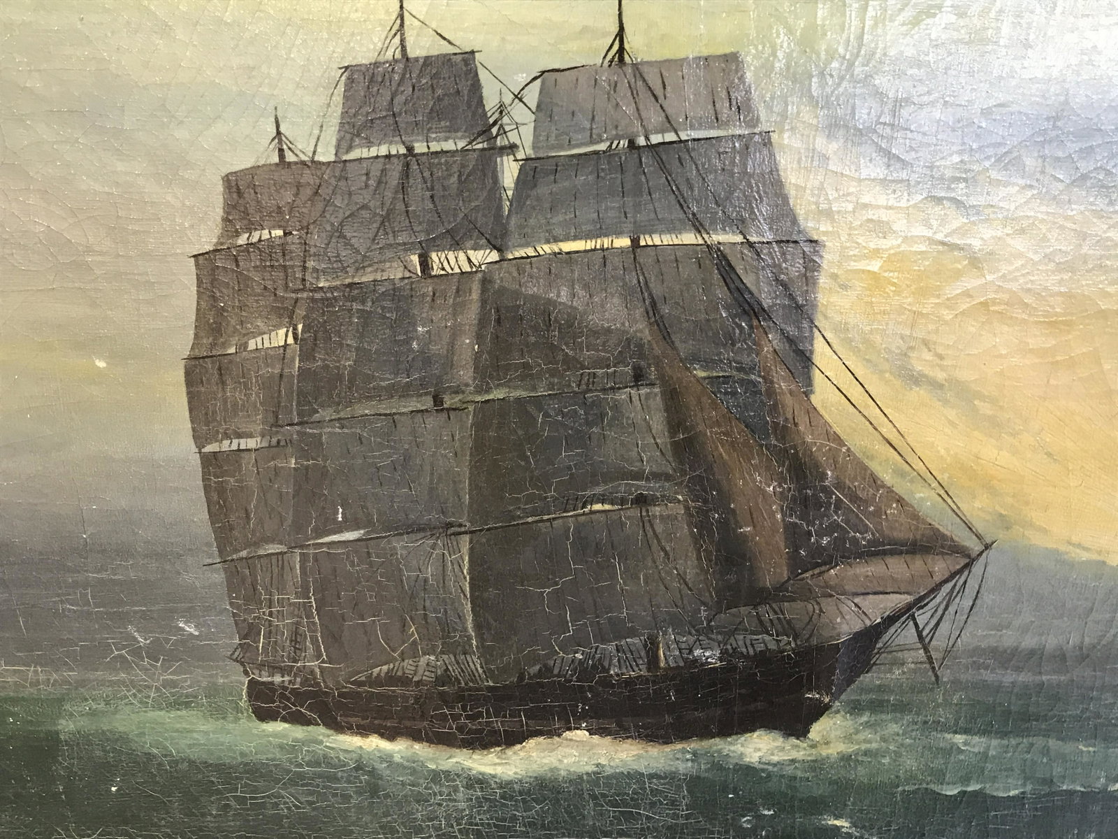 Signed Oil Painting Romanticist Ship at Sea: Signed oil on canvas, signature to lower right corner and to canvas verso written illegibly possibly reads ‘Pierre Ch—‘, subject a romanticist style ship at sea with the sun rising in the backgr