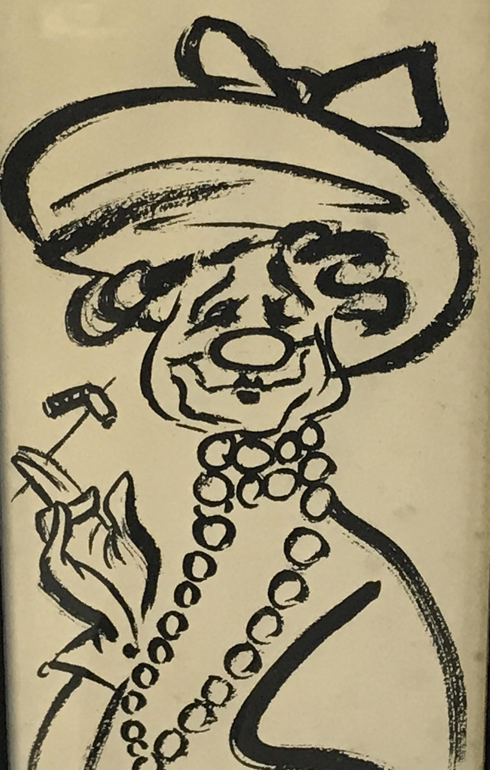 Bily Snel Signed Painting of Clown: Bily Snel signed painting of a clown, possibly ink or watercolor on paper, signature in lower left corner reads ‘Bily Snel’, an abstracted clown in evening wear, black wooden frame, measures 37.75