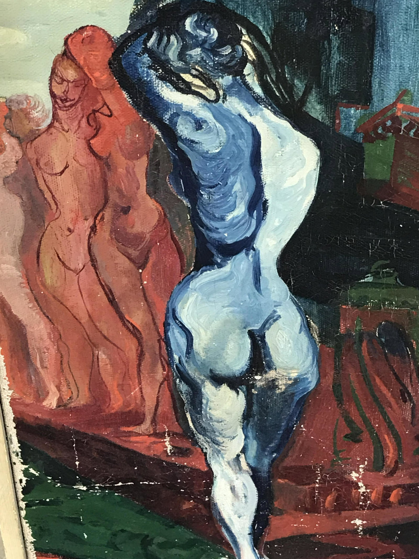Abstract Expressionist Oil on Canvas: Abstract expressionist oil on canvas, no apparent signature or stamp, subject an abstract scene with primitivist looking figures in jewel toned colors, painting focused on a nude blue female figure, m