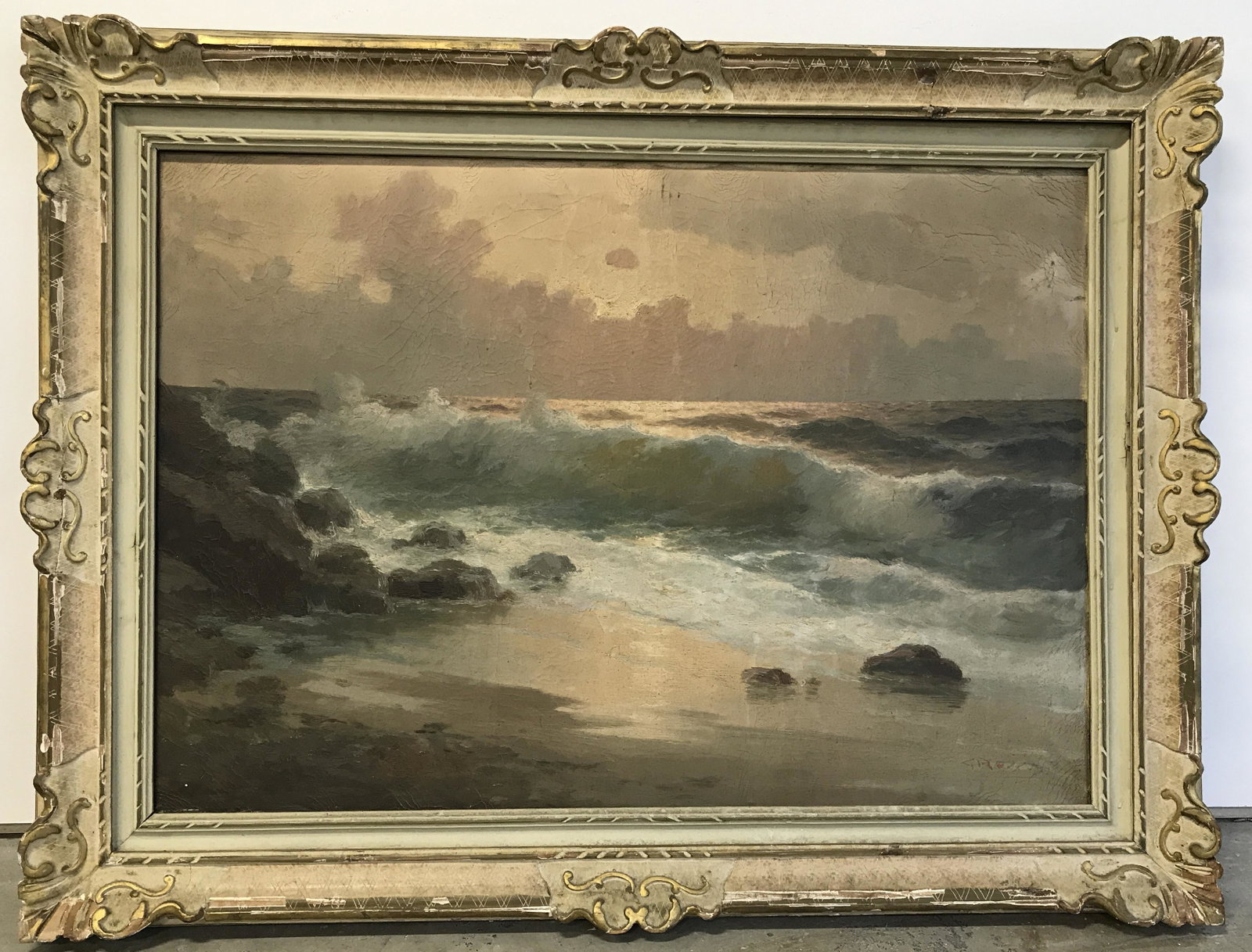 Signed Oil on Canvas Seashore Painting: Signed oil on canvas seashore, signature to the lower right corner reads illegibly, subject a seashore with waves crashing on the sand at sunset, painted in an impressionist style, hand carved wooden 