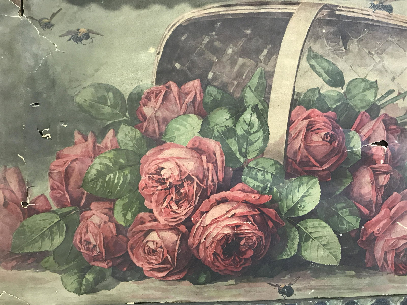 Paul de Lonpre Signed Floral Artwork Print: Paul de Longpre signed floral still life artwork print, signature to lower right corner reads ‘Paul de Longpre’, subject a basket of roses on the ground with bees flying around it, scratches and t